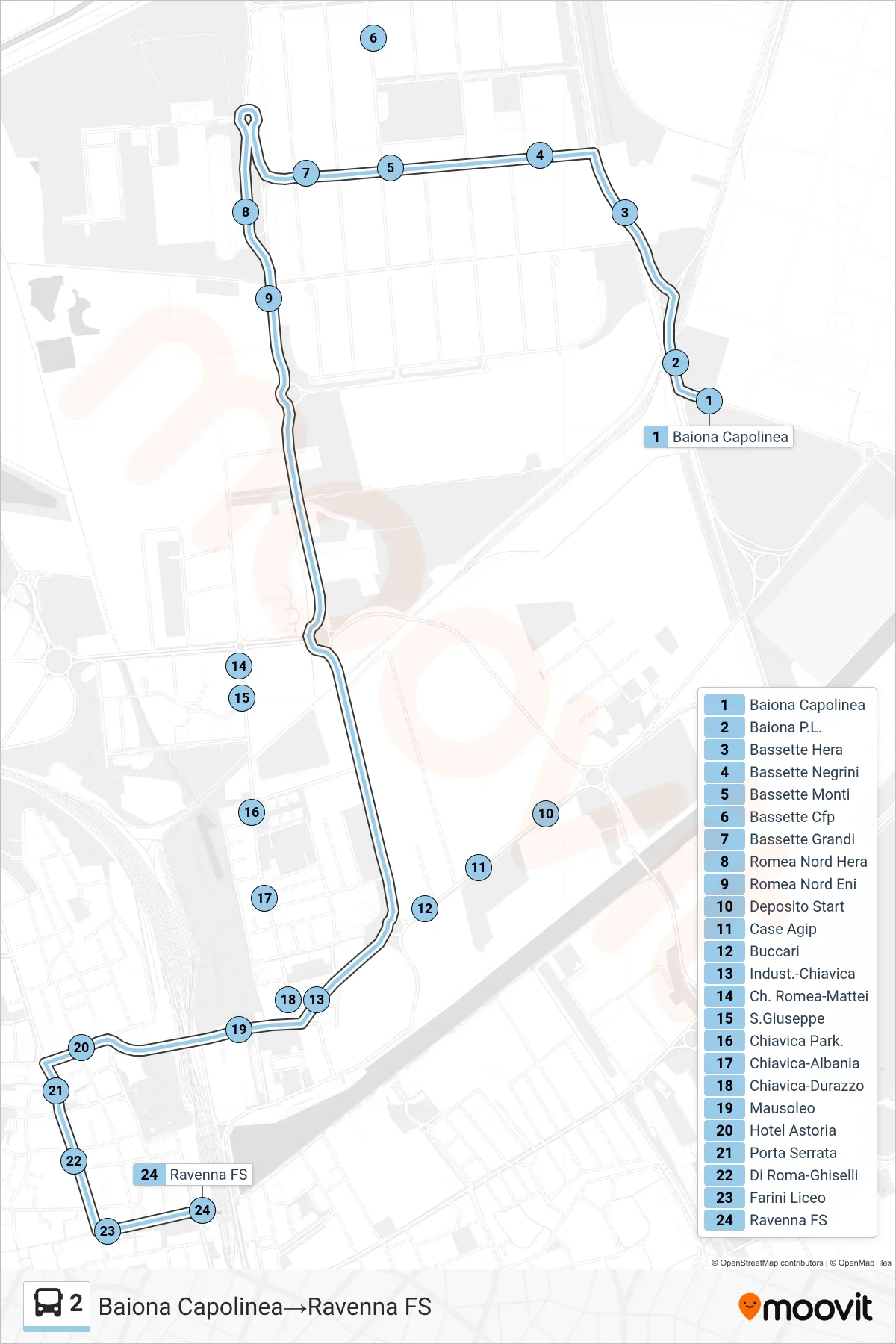Linea 2 bus (Baiona Capolinea→Ravenna FS) - Percorsi e fermate sulla mappa