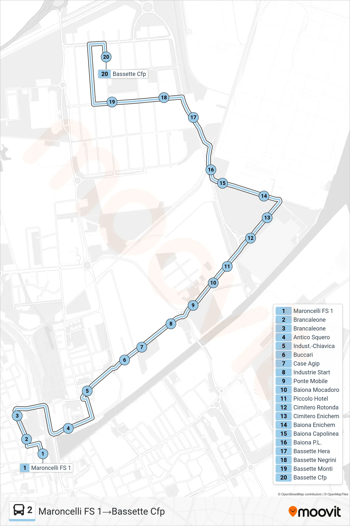 Linea 2 bus (Maroncelli FS 1→Bassette Cfp) - Percorsi e fermate sulla mappa