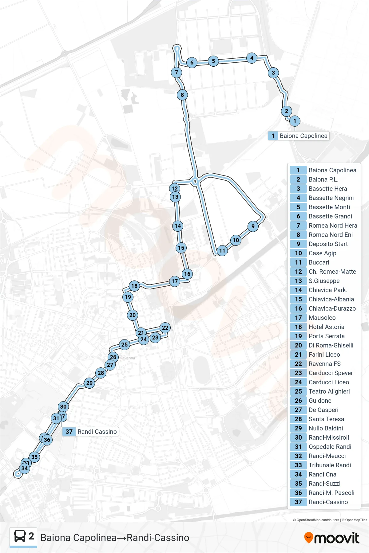 Linea 2  bus (Baiona Capolinea‎→Randi-Cassino) - Percorsi e fermate sulla mappa