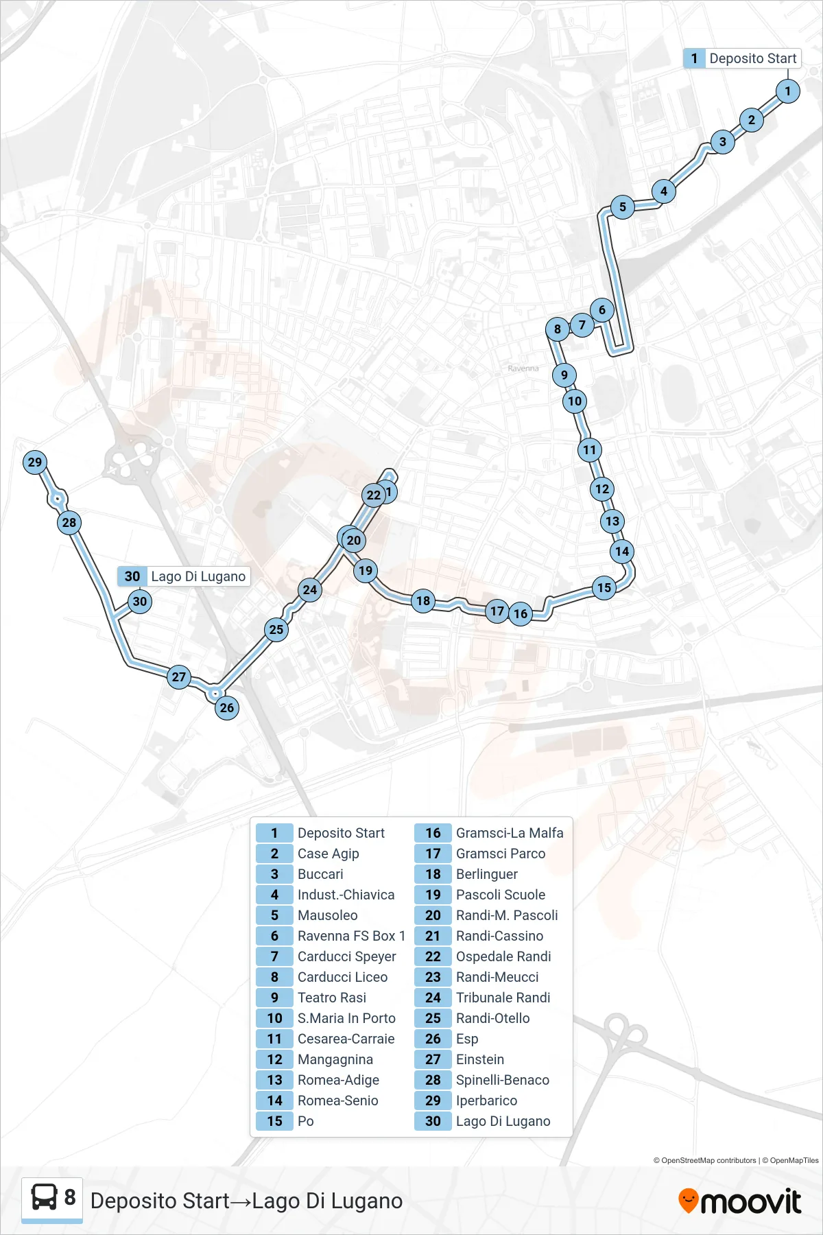 Linea 8  bus (Deposito Start‎→Lago Di Lugano) - Percorsi e fermate sulla mappa
