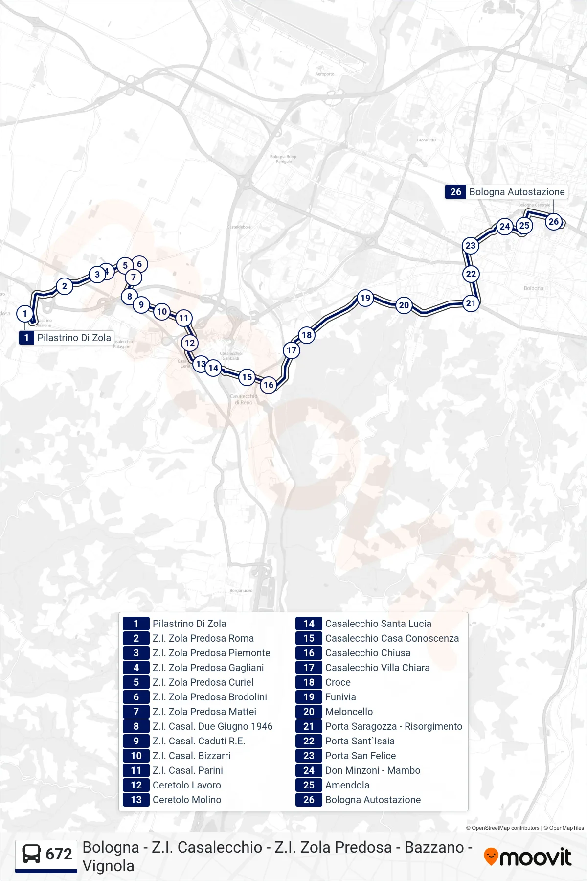Linea 672  bus (Pilastrino Di Zola‎→Bologna Autostazione) - Percorsi e fermate sulla mappa