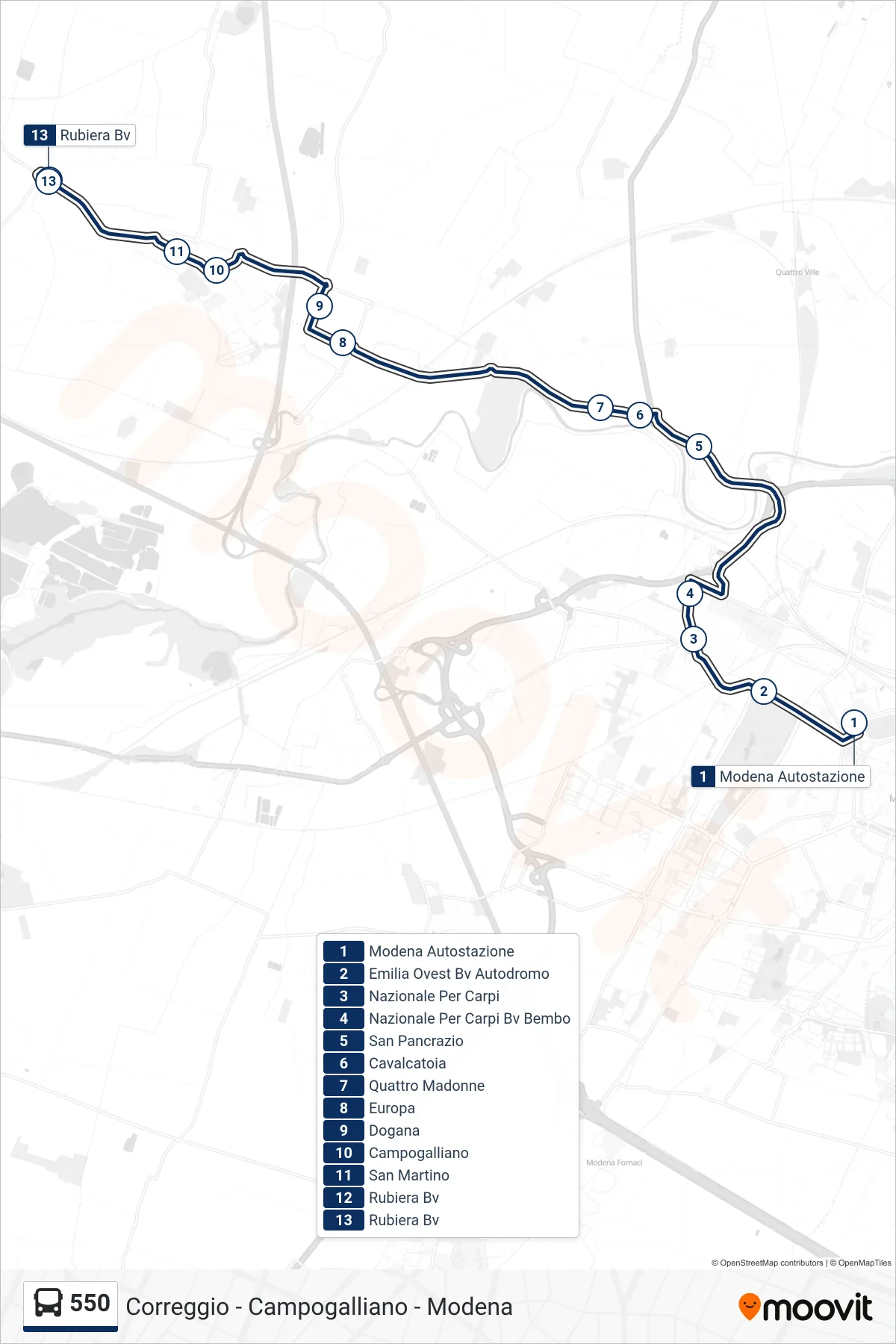Linea 550 bus (Modena Autostazione→Rubiera Bv) - Percorsi e fermate sulla mappa