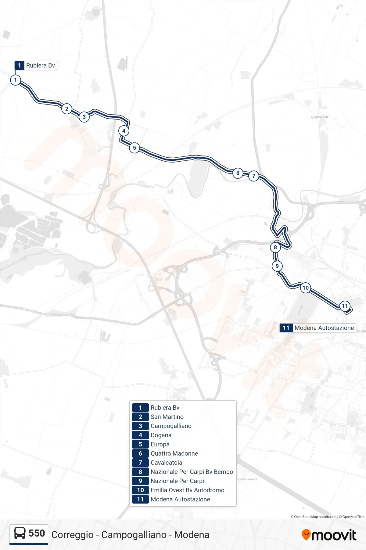 Linea 550  bus (Rubiera Bv‎→Modena  Autostazione) - Percorsi e fermate sulla mappa