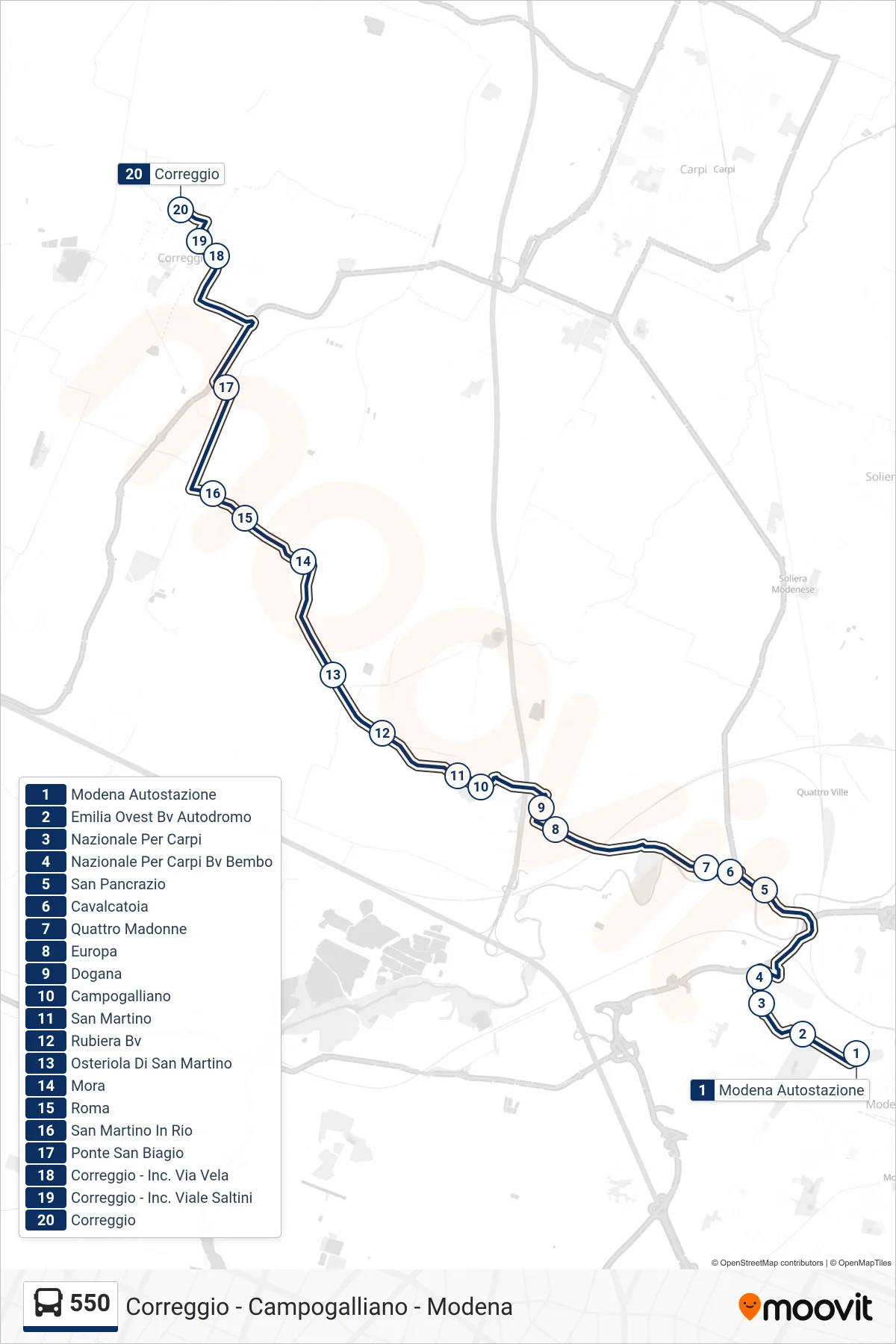 Linea 550 bus (Modena Autostazione→Correggio) - Percorsi e fermate sulla mappa