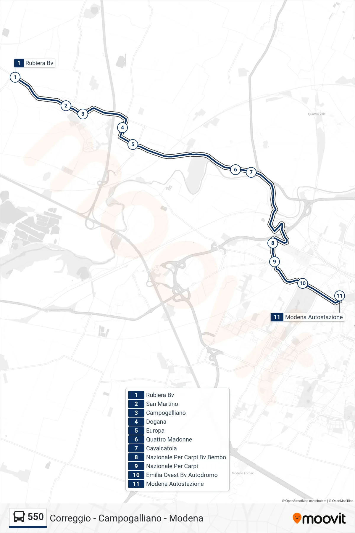 Linea 550 bus (Rubiera Bv→Modena Autostazione) - Percorsi e fermate sulla mappa