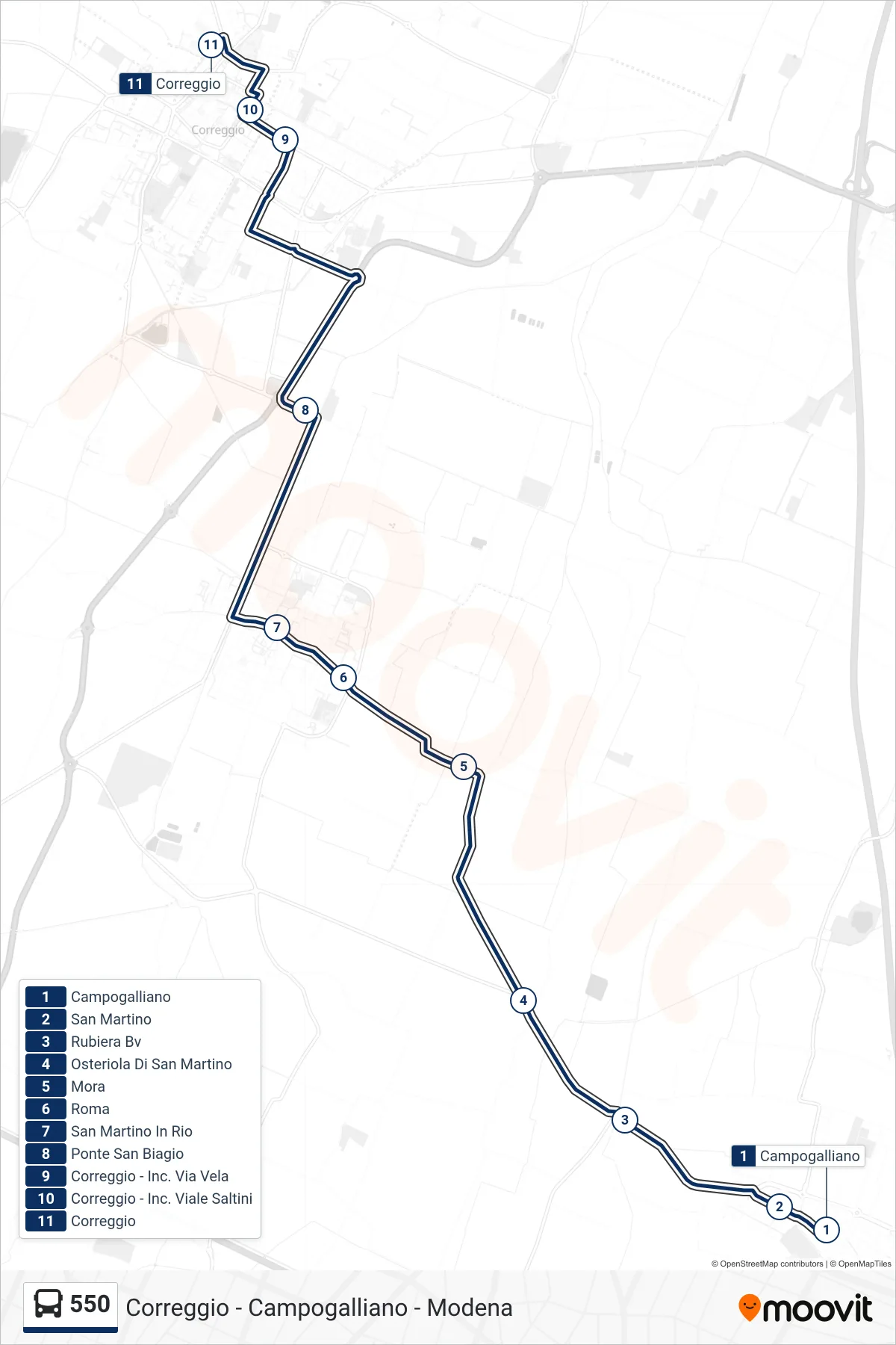 Linea 550 bus (Campogalliano→Correggio) - Percorsi e fermate sulla mappa