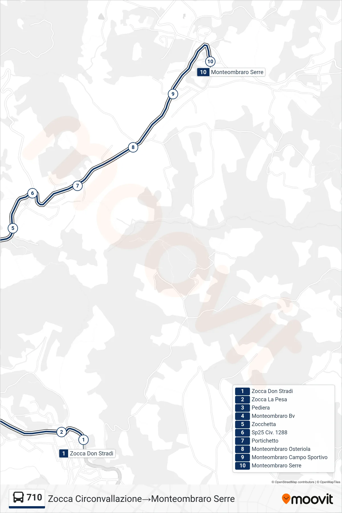 Linea 710  bus (Zocca Circonvallazione‎→Monteombraro Serre) - Percorsi e fermate sulla mappa