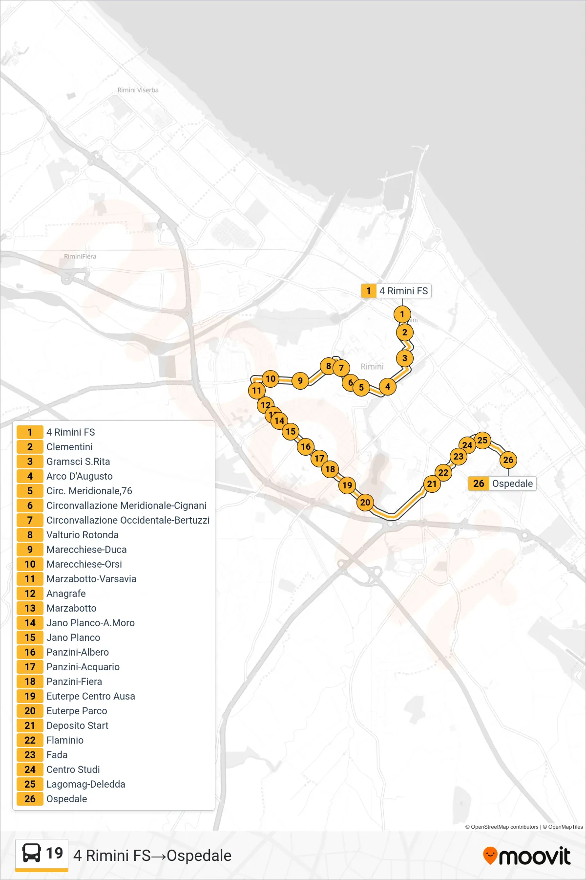 Linea 19  bus (4 Rimini FS‎→Ospedale) - Percorsi e fermate sulla mappa