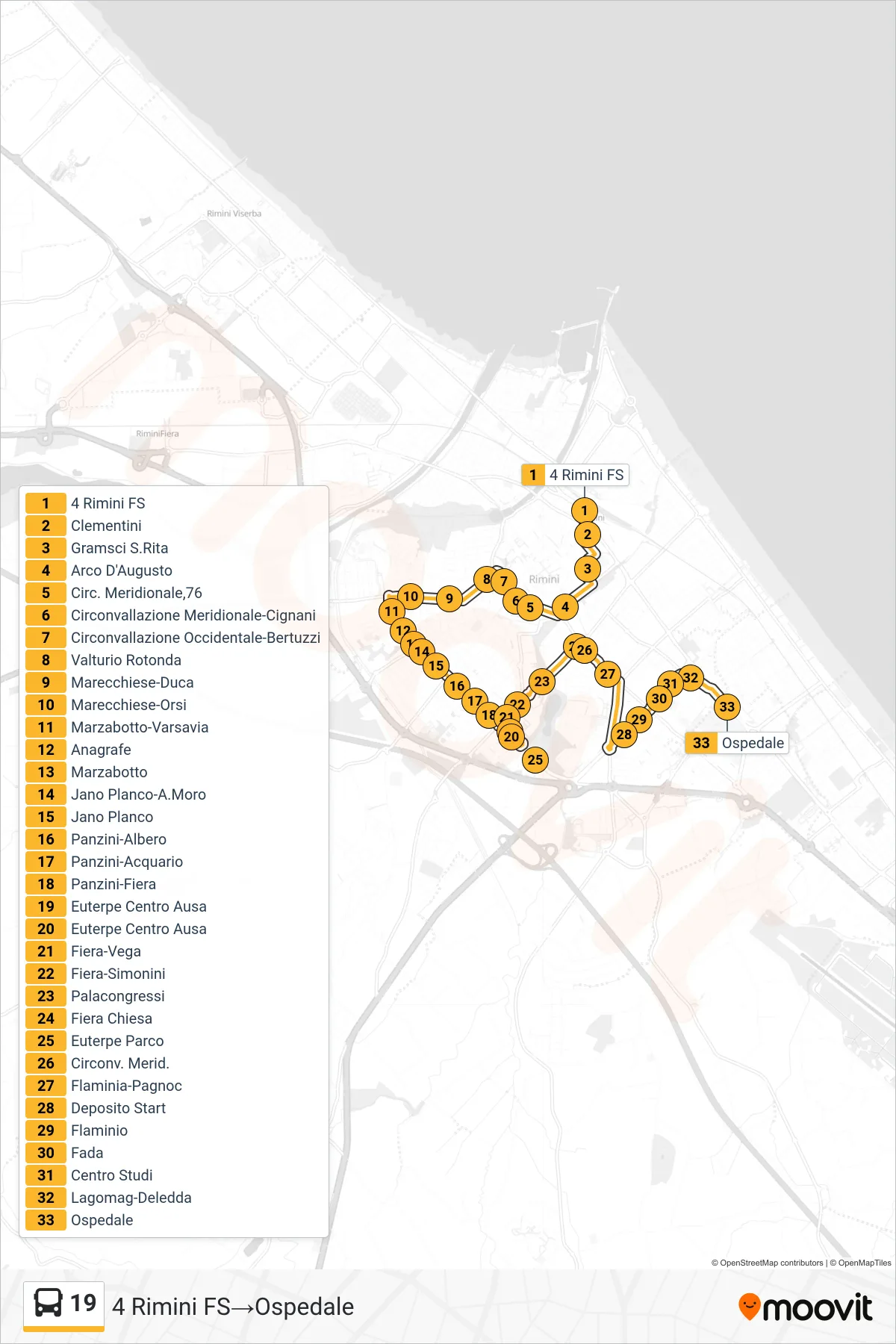 Linea 19  bus (4 Rimini FS‎→Ospedale) - Percorsi e fermate sulla mappa