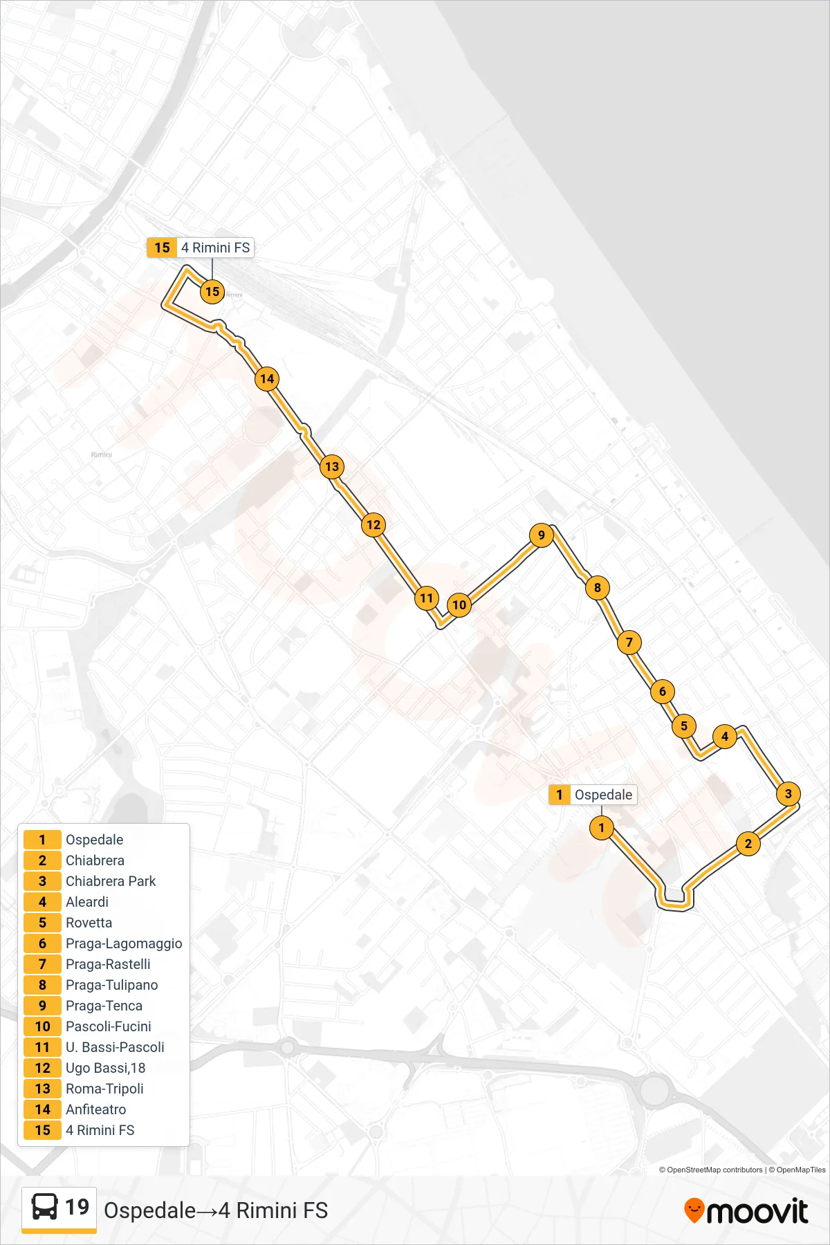 Linea 19  bus (Ospedale‎→4 Rimini FS) - Percorsi e fermate sulla mappa