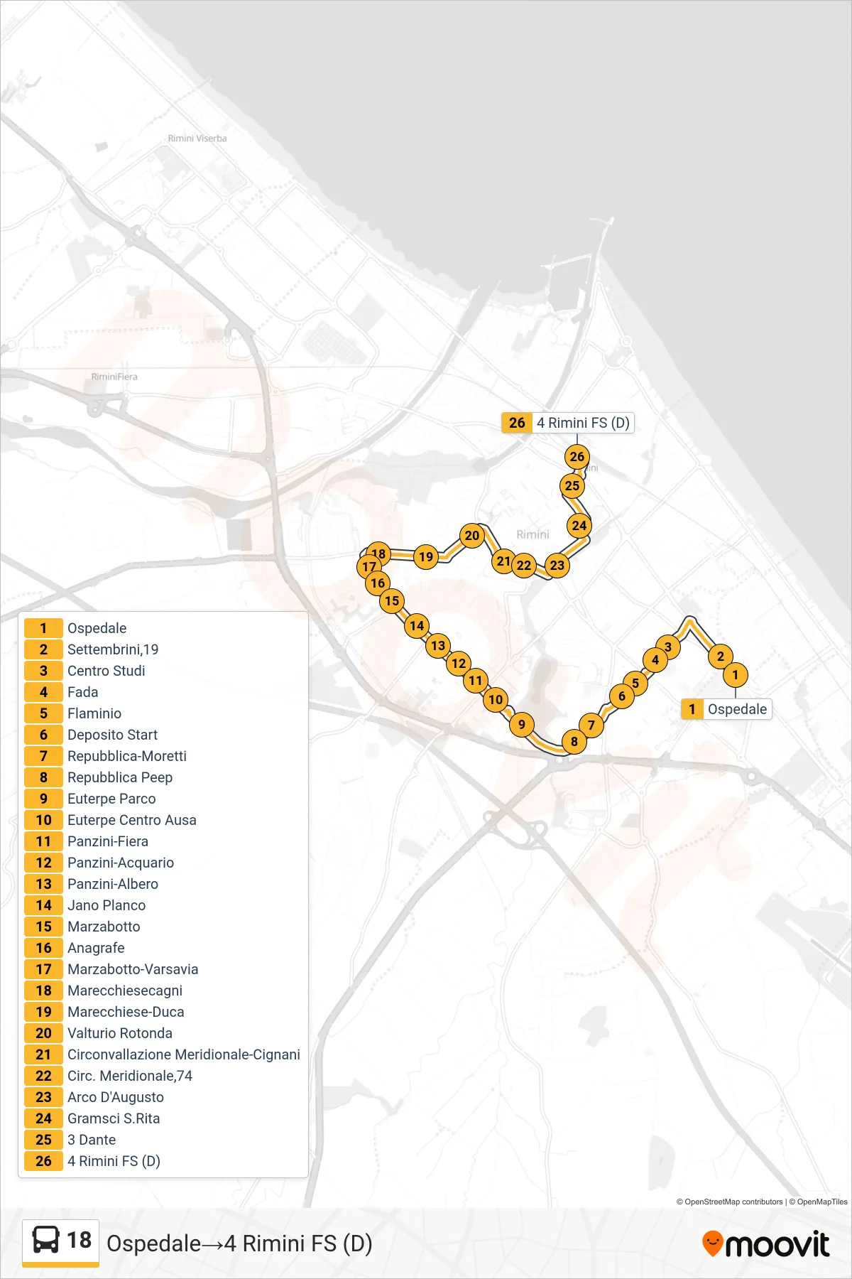 Linea 18 bus (Ospedale→4 Rimini FS (D)) - Percorsi e fermate sulla mappa