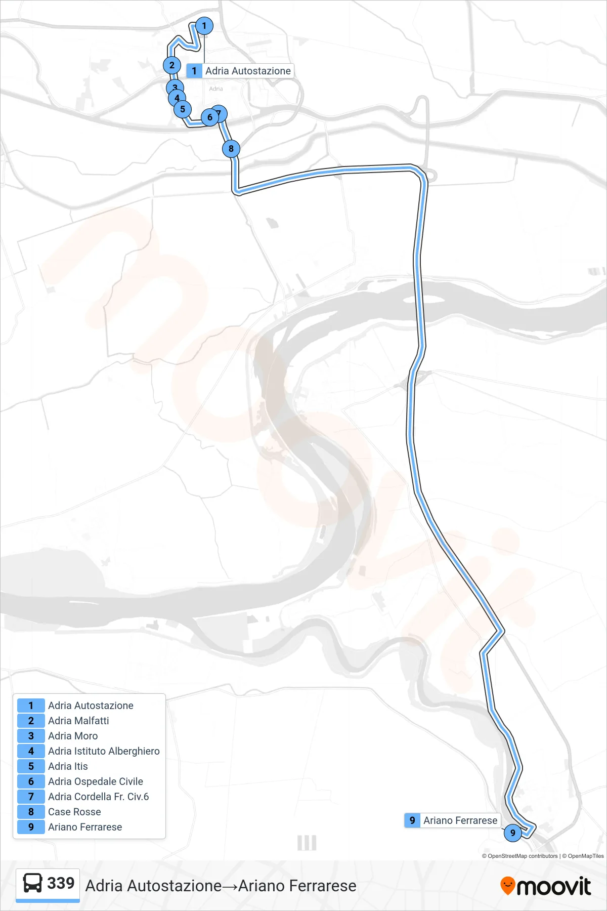 Linea 339  bus (Adria Autostazione‎→Ariano Ferrarese) - Percorsi e fermate sulla mappa