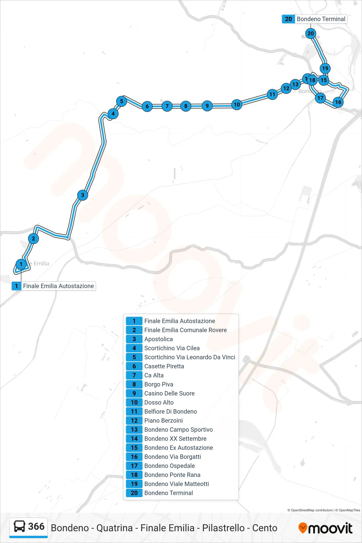 366 bus Line (Finale Emilia Bus Station→Bondeno Terminal) route and stops on a map