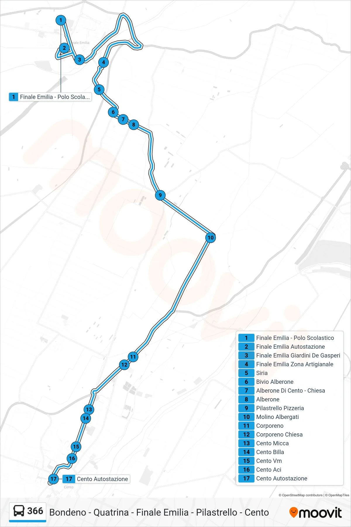 Linea 366  bus (Finale Emilia - Polo Scolastico‎→Cento Autostazione) - Percorsi e fermate sulla mappa