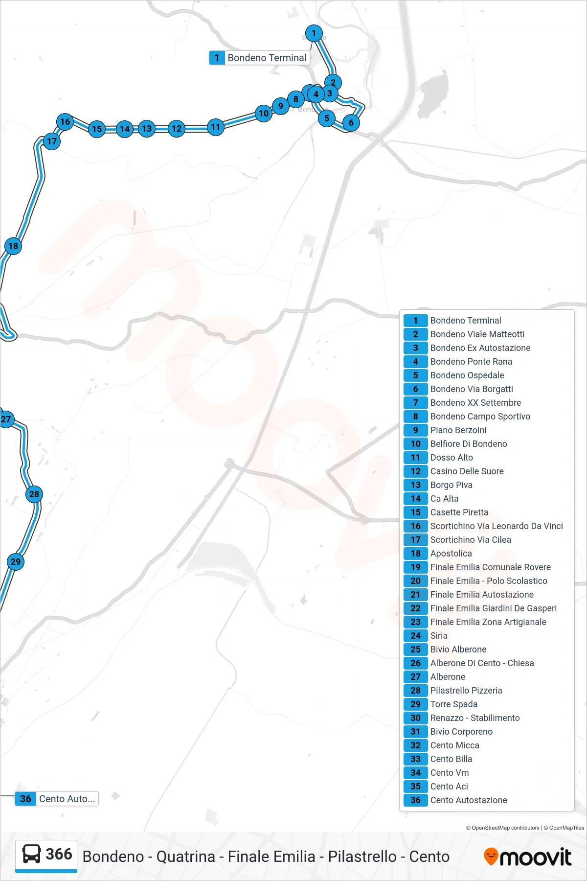 Linea 366 bus (Bondeno Terminal→Cento Autostazione) - Percorsi e fermate sulla mappa