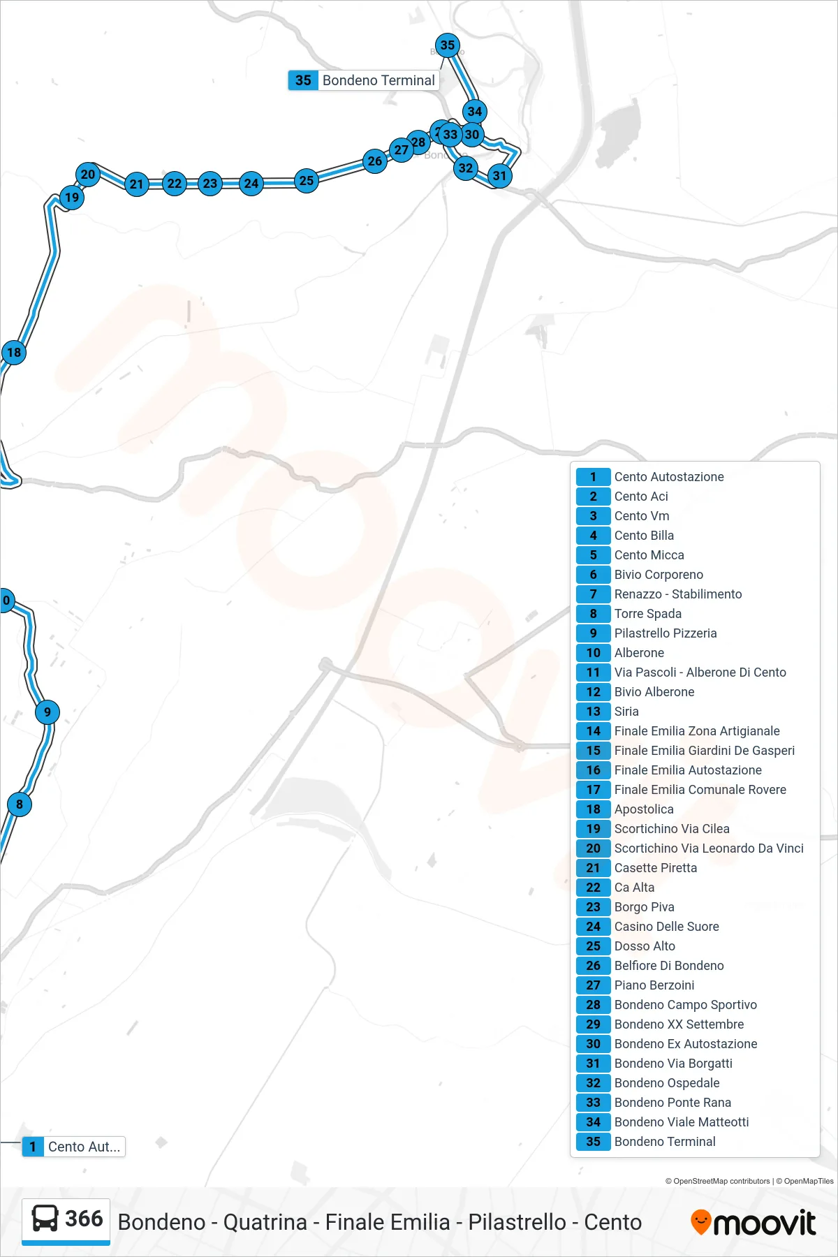 Linea 366  bus (Cento Autostazione‎→Bondeno Terminal) - Percorsi e fermate sulla mappa