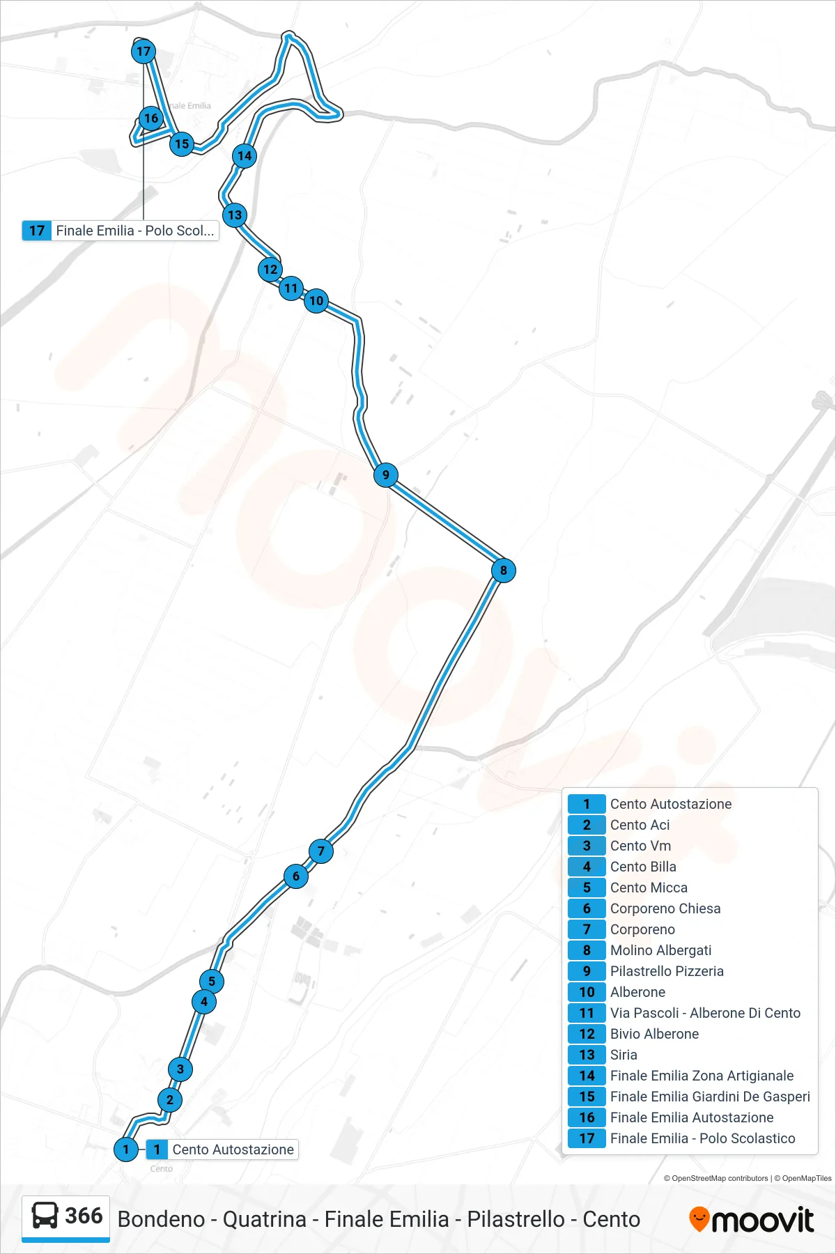 Linea 366 bus (Cento Autostazione→Finale Emilia - Polo Scolastico) - Percorsi e fermate sulla mappa