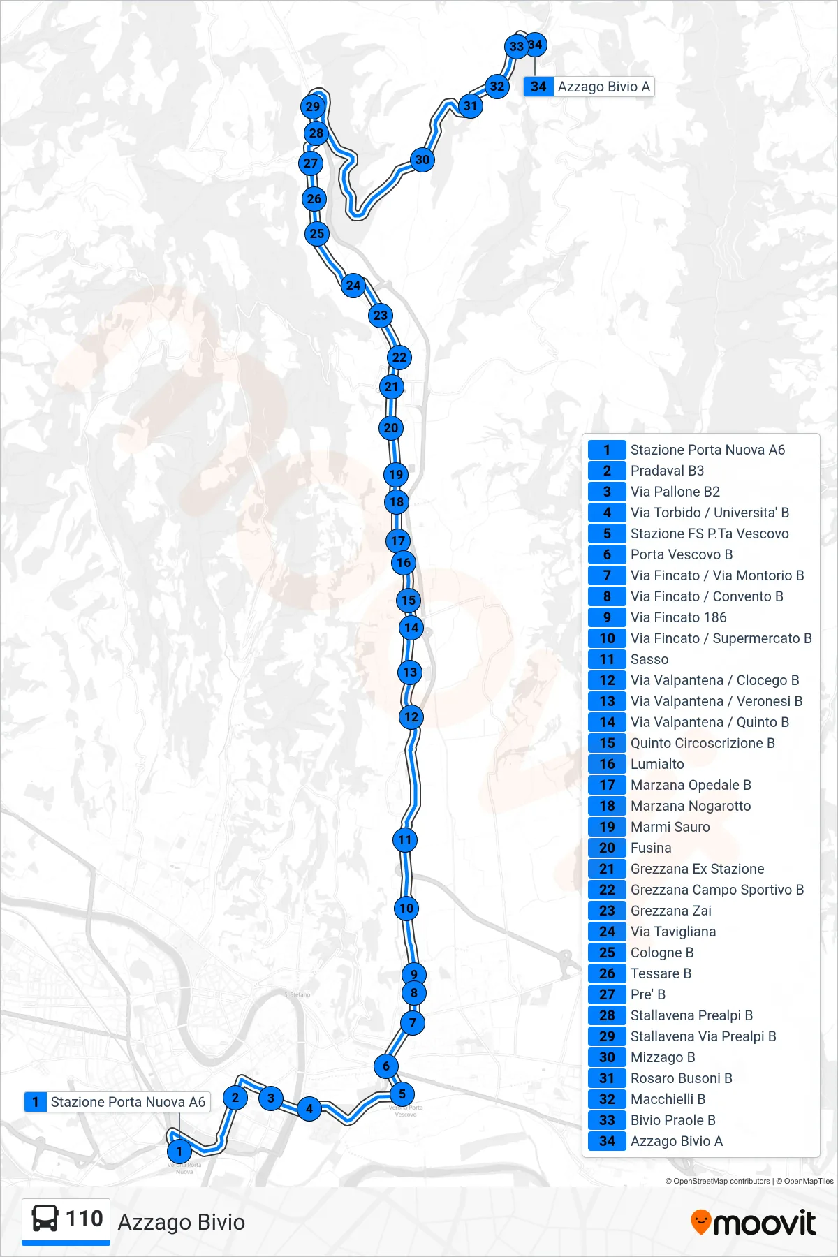Linea 110  bus (Azzago Bivio) - Percorsi e fermate sulla mappa