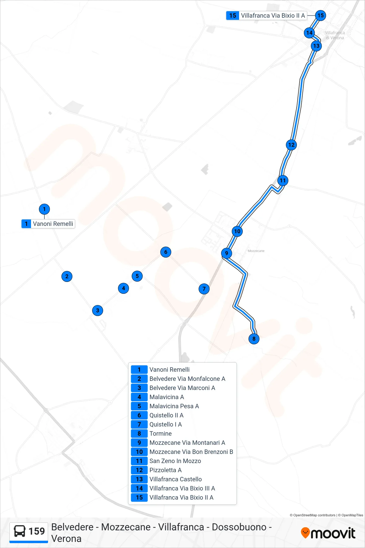 Linea 159  bus (Villafranca) - Percorsi e fermate sulla mappa