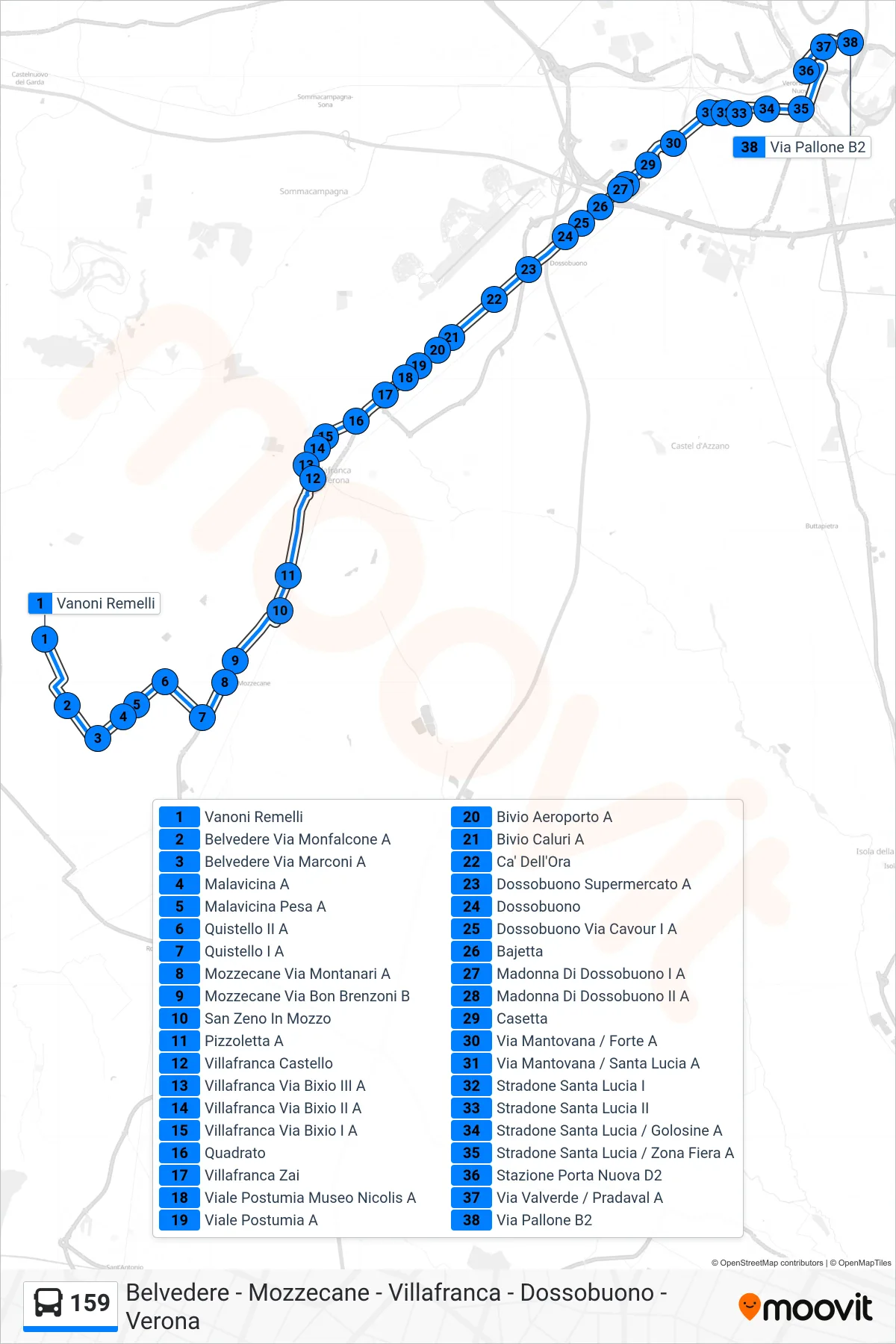 Linea 159  bus (Verona - Via Pallone) - Percorsi e fermate sulla mappa