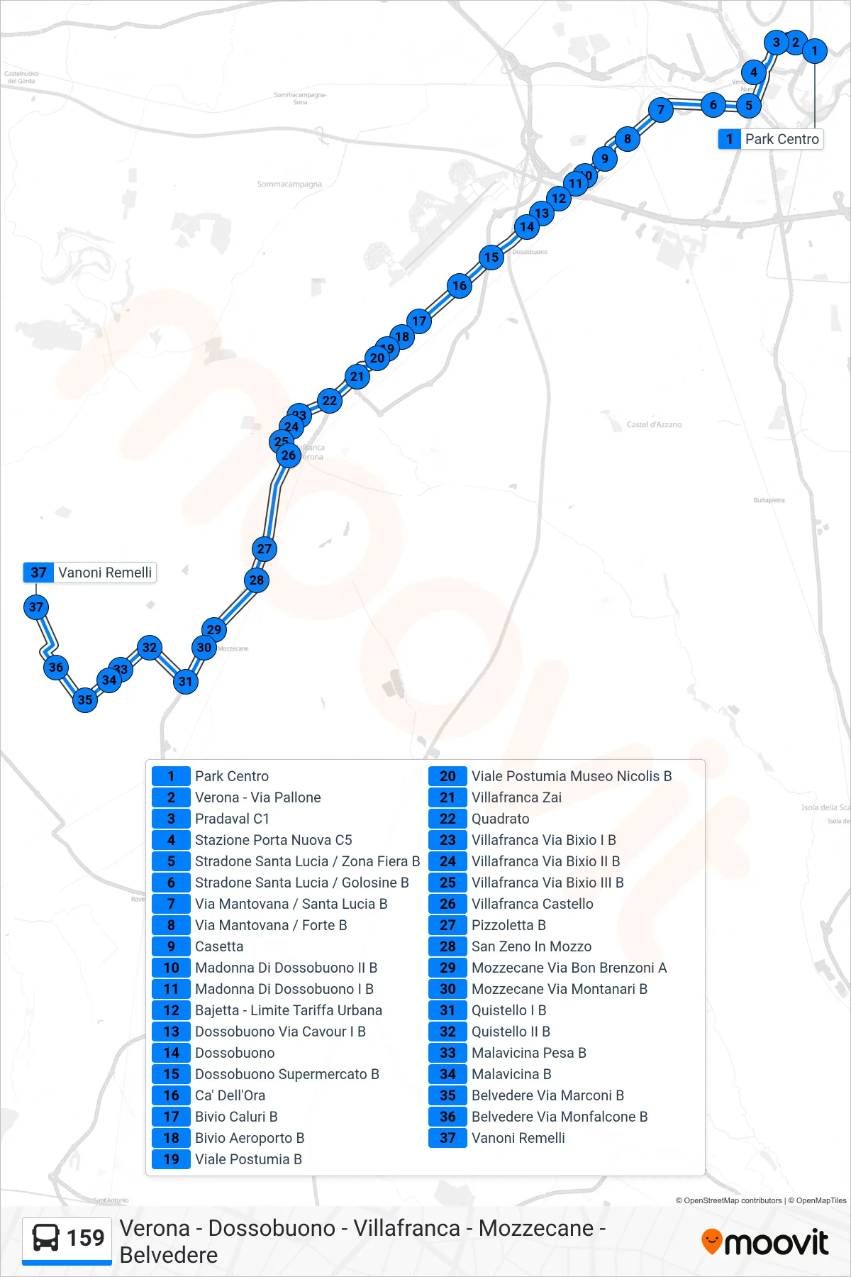 Linea 159 bus (Vanoni Remelli) - Percorsi e fermate sulla mappa