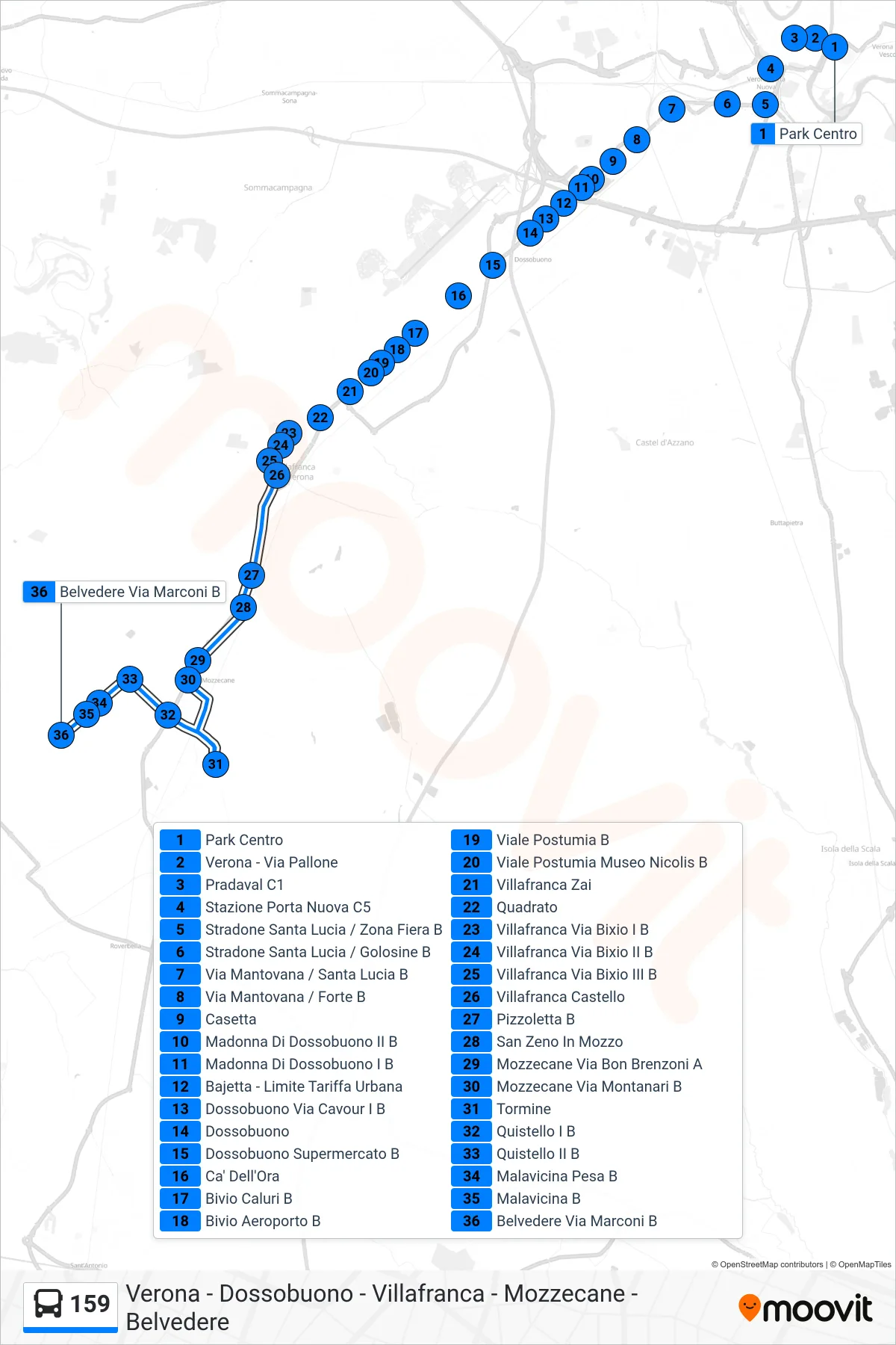Linea 159  bus (Belvedere) - Percorsi e fermate sulla mappa