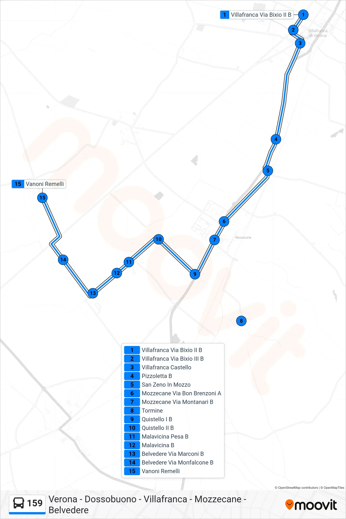 Linea 159  bus (Vanoni Remelli) - Percorsi e fermate sulla mappa