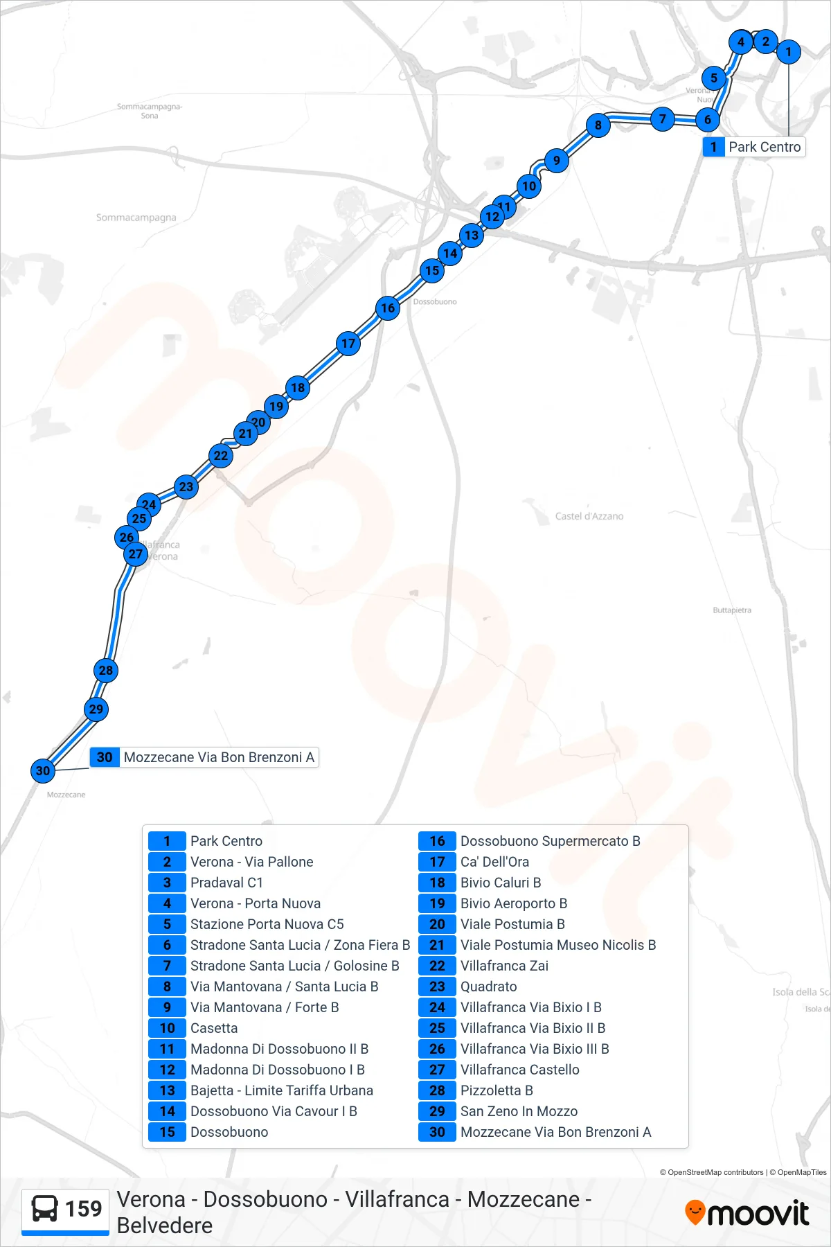 Linea 159 bus (Mozzecane) - Percorsi e fermate sulla mappa