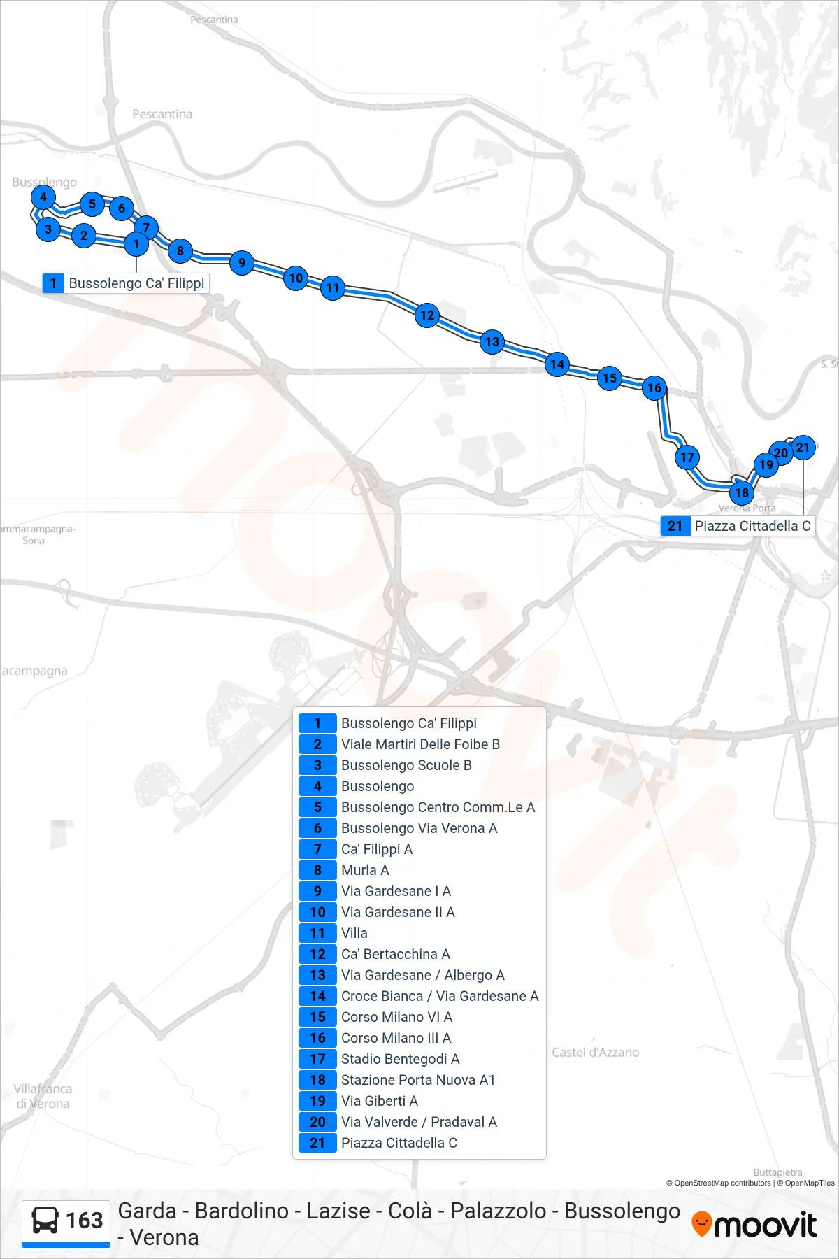 Linea 163  bus (Verona - Piazza Cittadella) - Percorsi e fermate sulla mappa