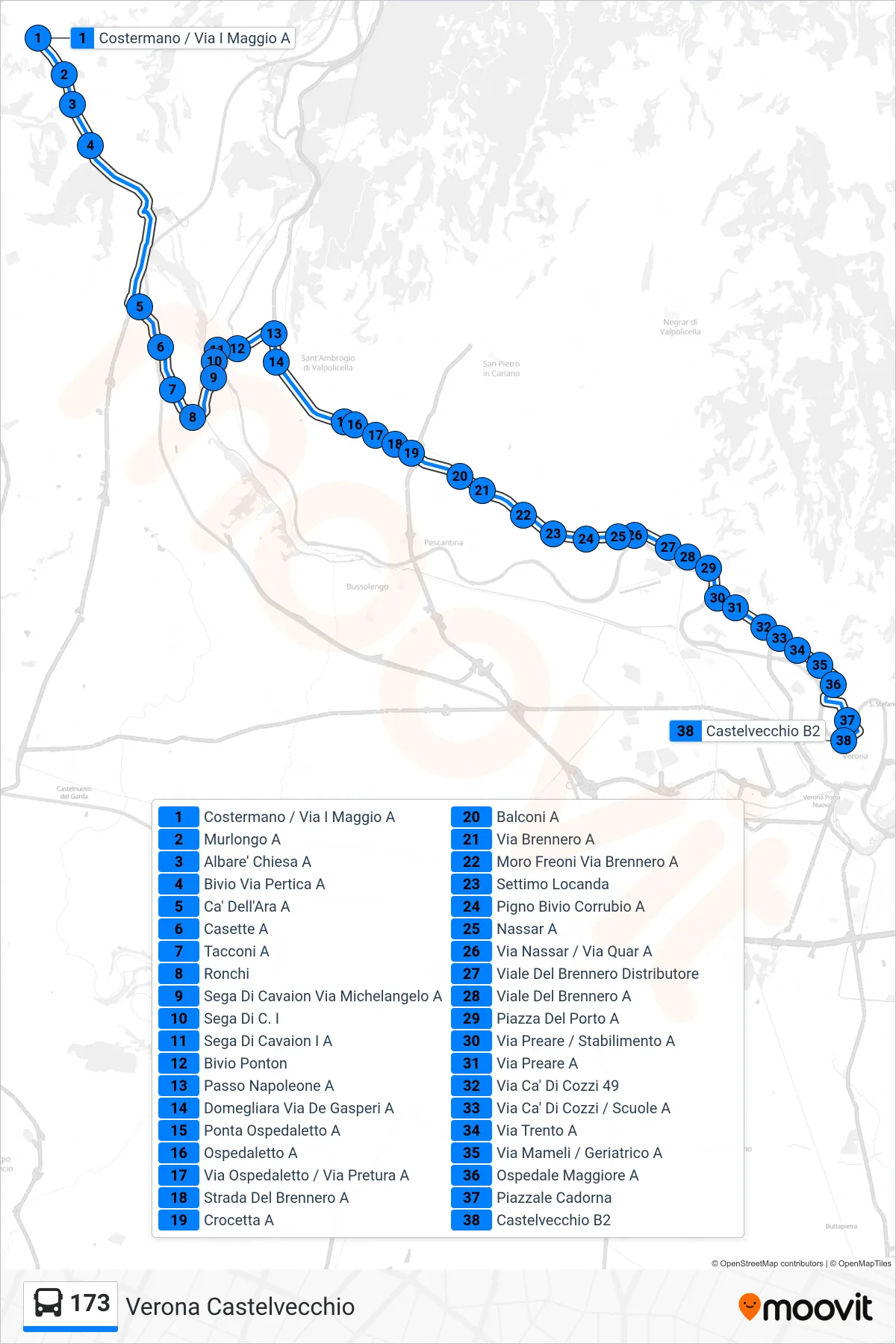 Linea 173 bus (Verona Castelvecchio) - Percorsi e fermate sulla mappa