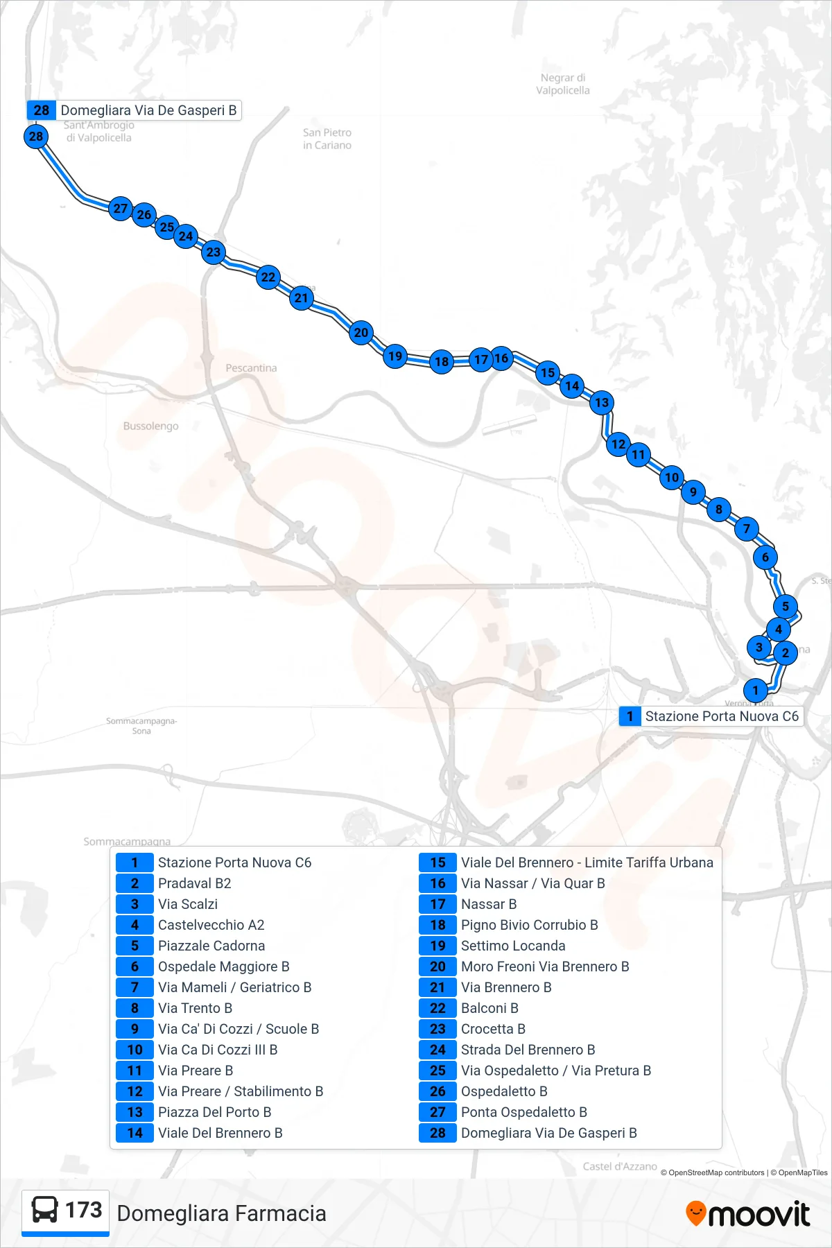 Linea 173 bus (Domegliara Farmacia) - Percorsi e fermate sulla mappa
