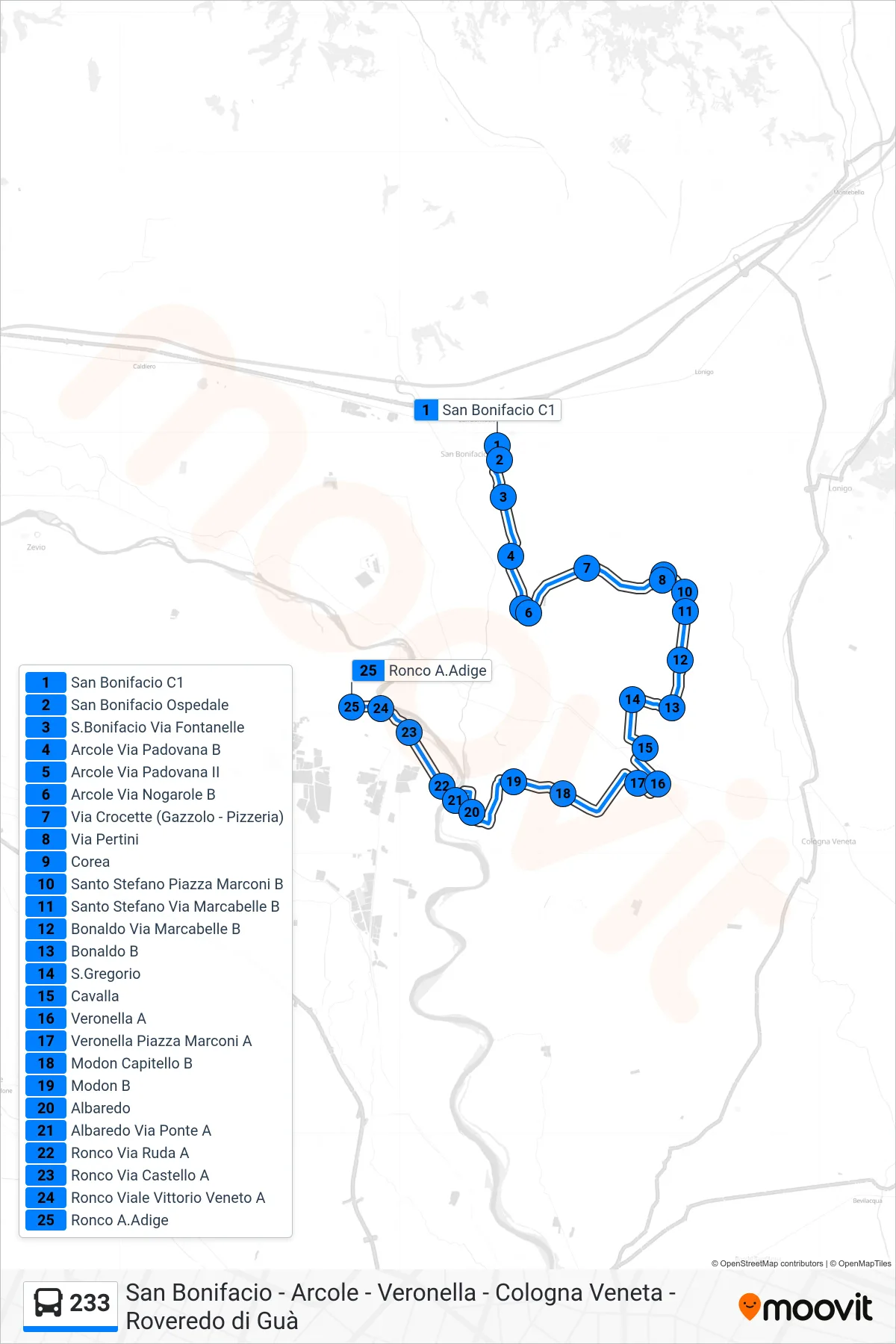 Linea 233 bus (Ronco All'Adige) - Percorsi e fermate sulla mappa