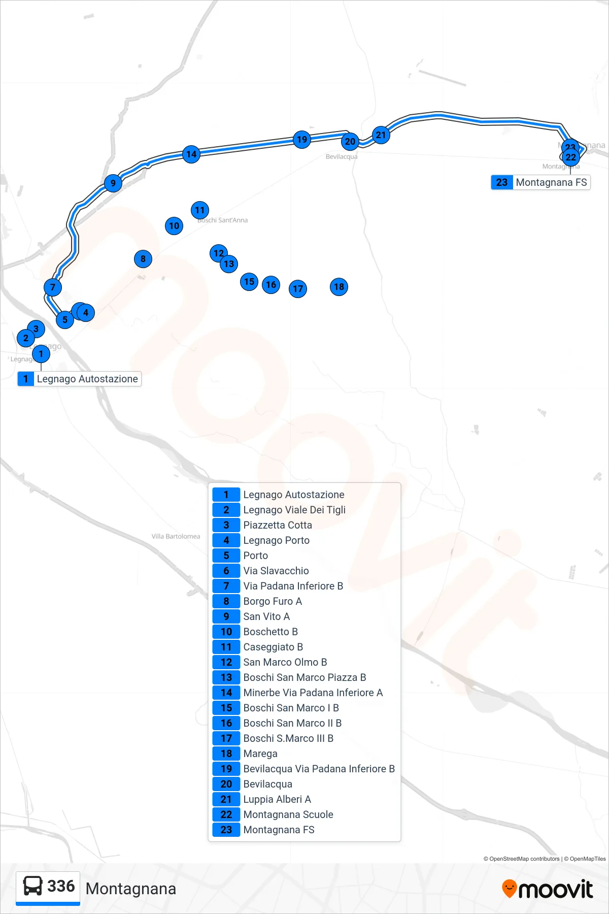 Linea 336  bus (Montagnana) - Percorsi e fermate sulla mappa