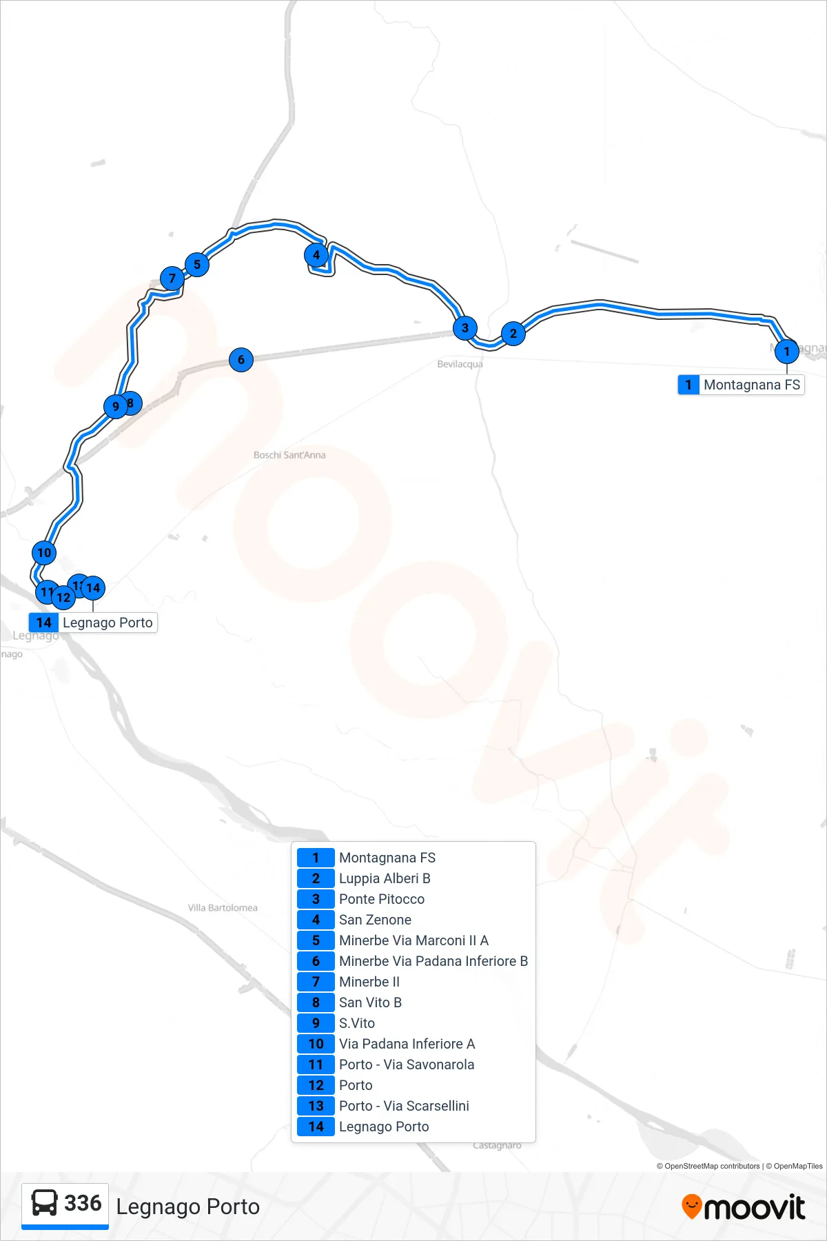 Linea 336 bus (Legnago Porto) - Percorsi e fermate sulla mappa