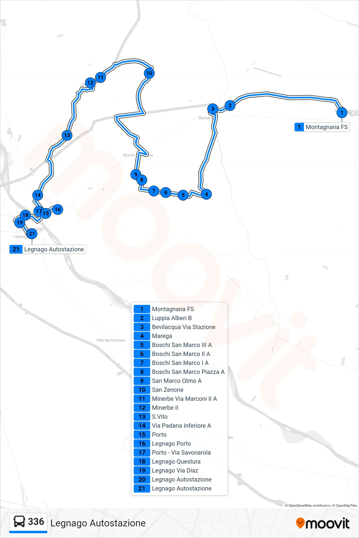 Linea 336 bus (Legnago Autostazione) - Percorsi e fermate sulla mappa