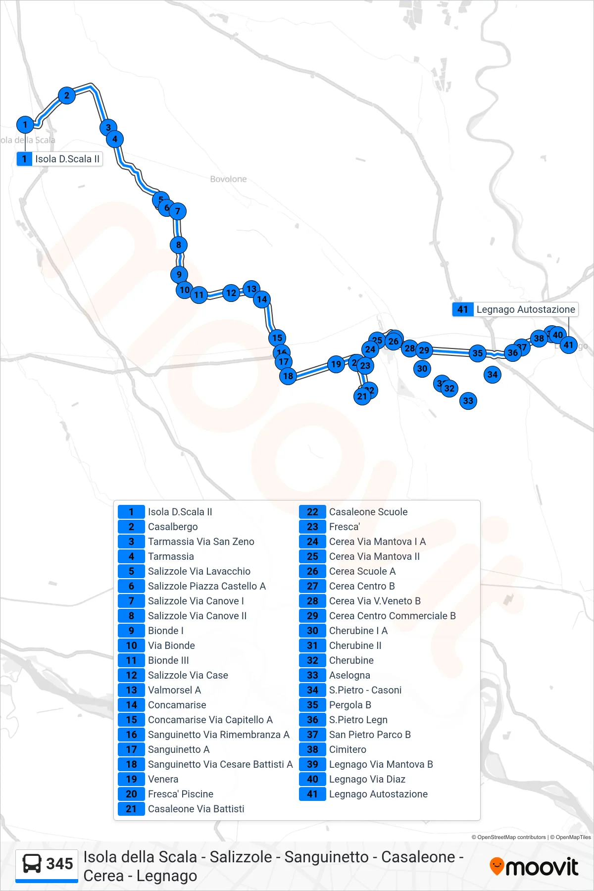 Linea 345  bus (Legnago Autostazione) - Percorsi e fermate sulla mappa