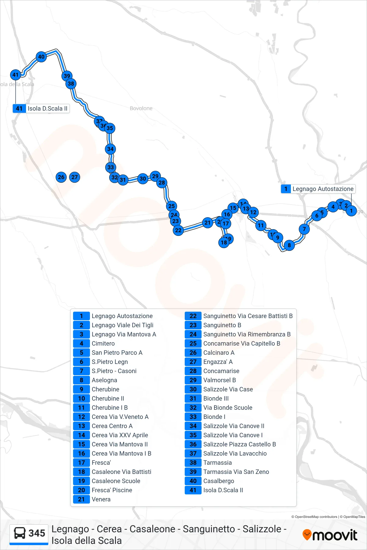 Linea 345 bus (Isola Della Scala) - Percorsi e fermate sulla mappa