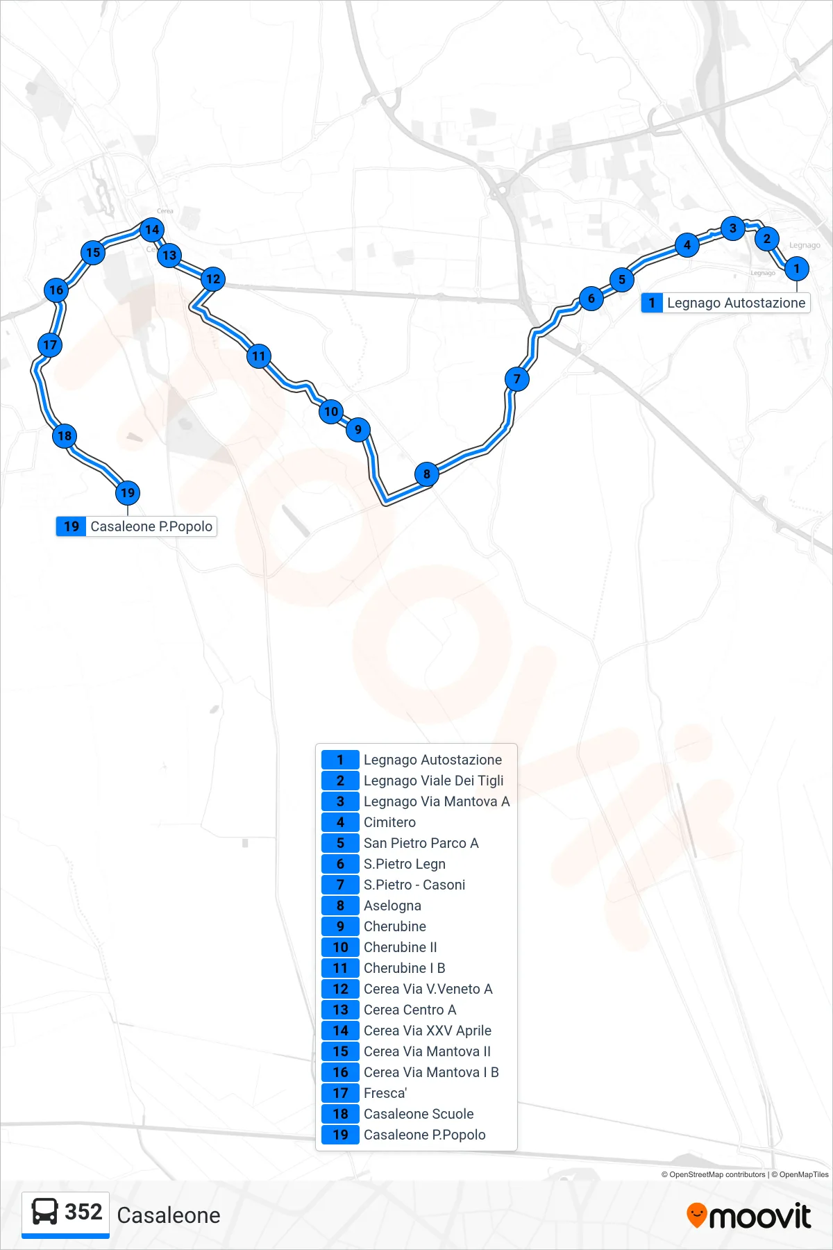 Linea 352  bus (Casaleone) - Percorsi e fermate sulla mappa