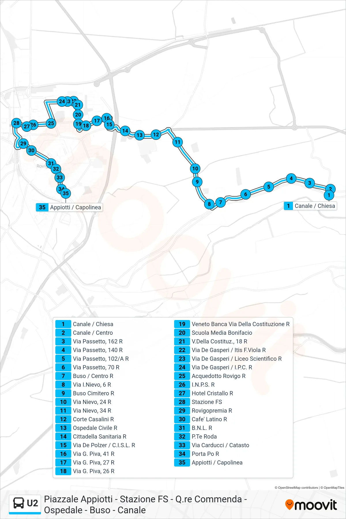 Linea U2 bus (Canale > Piazzale Appiotti (Transita Scuola Media Bonifacio)) - Percorsi e fermate sulla mappa