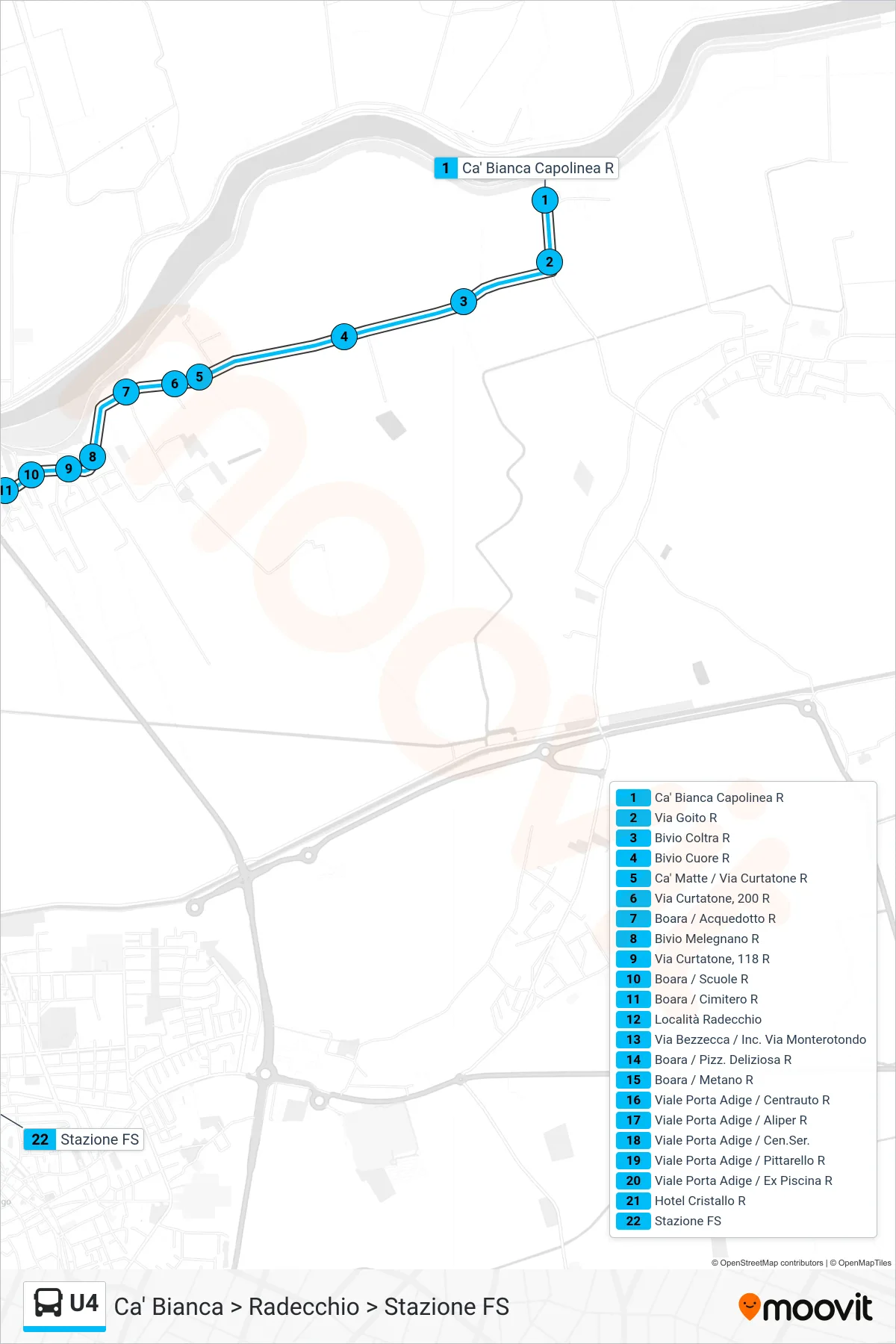 Linea U4 bus (Ca' Bianca > Radecchio > Stazione FS) - Percorsi e fermate sulla mappa