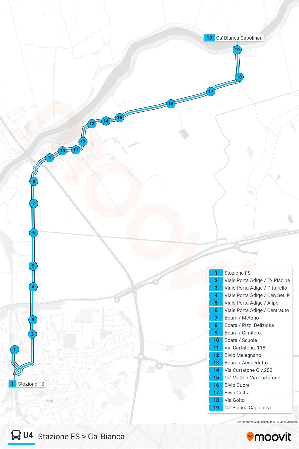 Linea U4  bus (Stazione FS > Ca' Bianca) - Percorsi e fermate sulla mappa