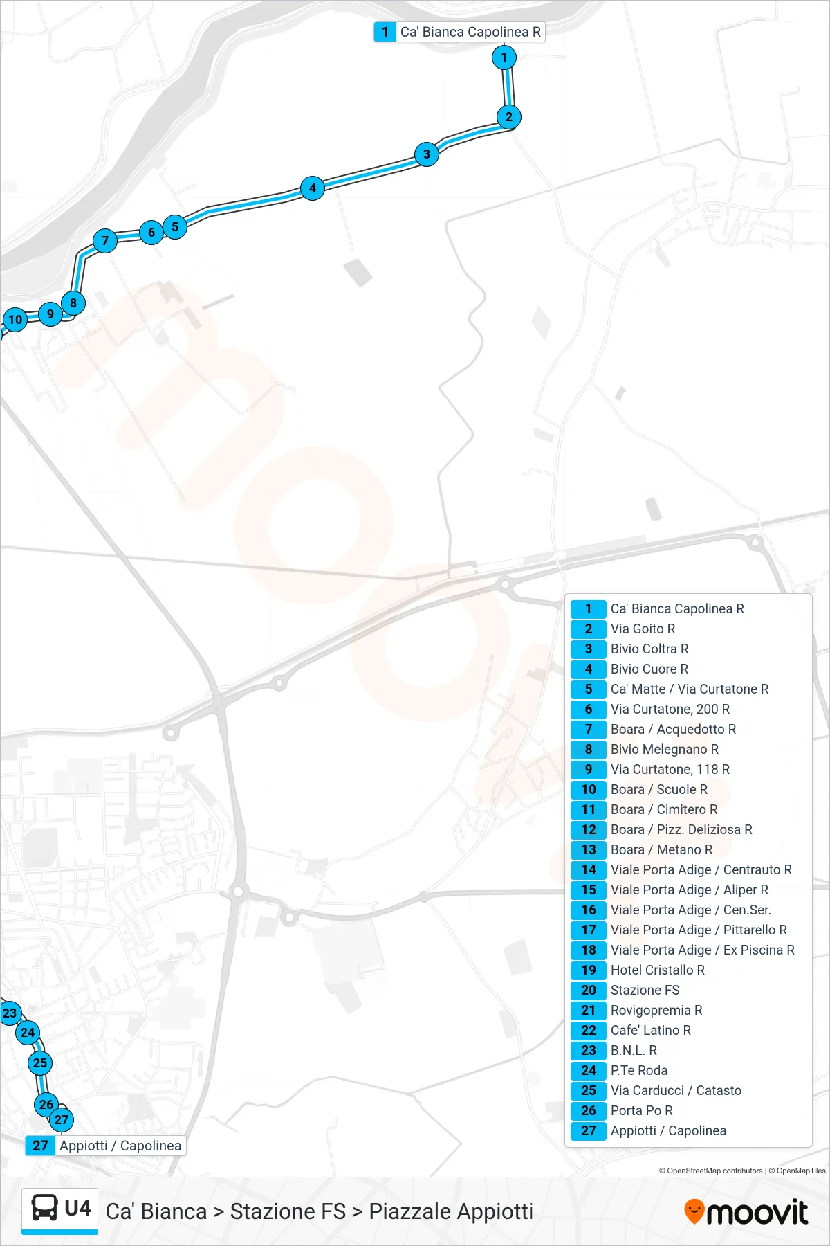 Linea U4  bus (Ca' Bianca > Stazione FS > Piazzale Appiotti) - Percorsi e fermate sulla mappa