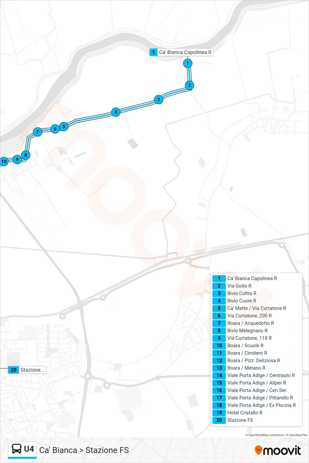Linea U4  bus (Ca' Bianca > Stazione FS) - Percorsi e fermate sulla mappa