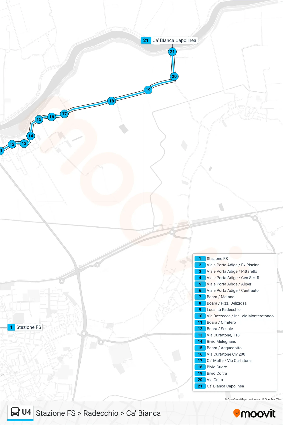 Linea U4  bus (Stazione FS > Radecchio > Ca' Bianca) - Percorsi e fermate sulla mappa