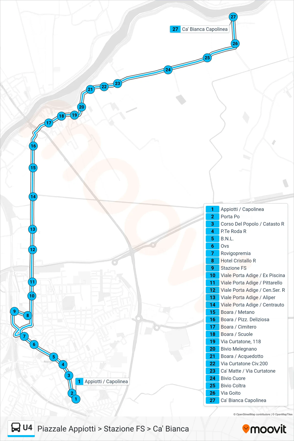 Linea U4 bus (Piazzale Appiotti > Stazione FS > Ca' Bianca) - Percorsi e fermate sulla mappa