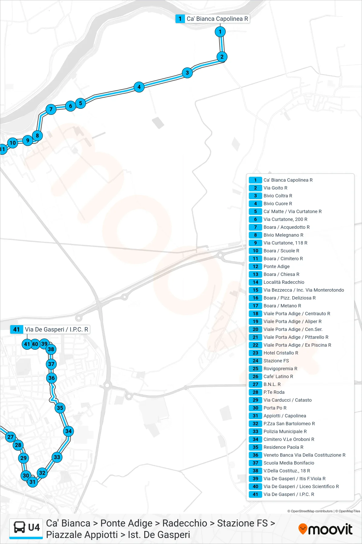Linea U4  bus (Ca' Bianca > Ponte Adige > Radecchio > Stazione FS > Piazzale Appiotti > Ist. De Gasperi) - Percorsi e fermate sulla mappa