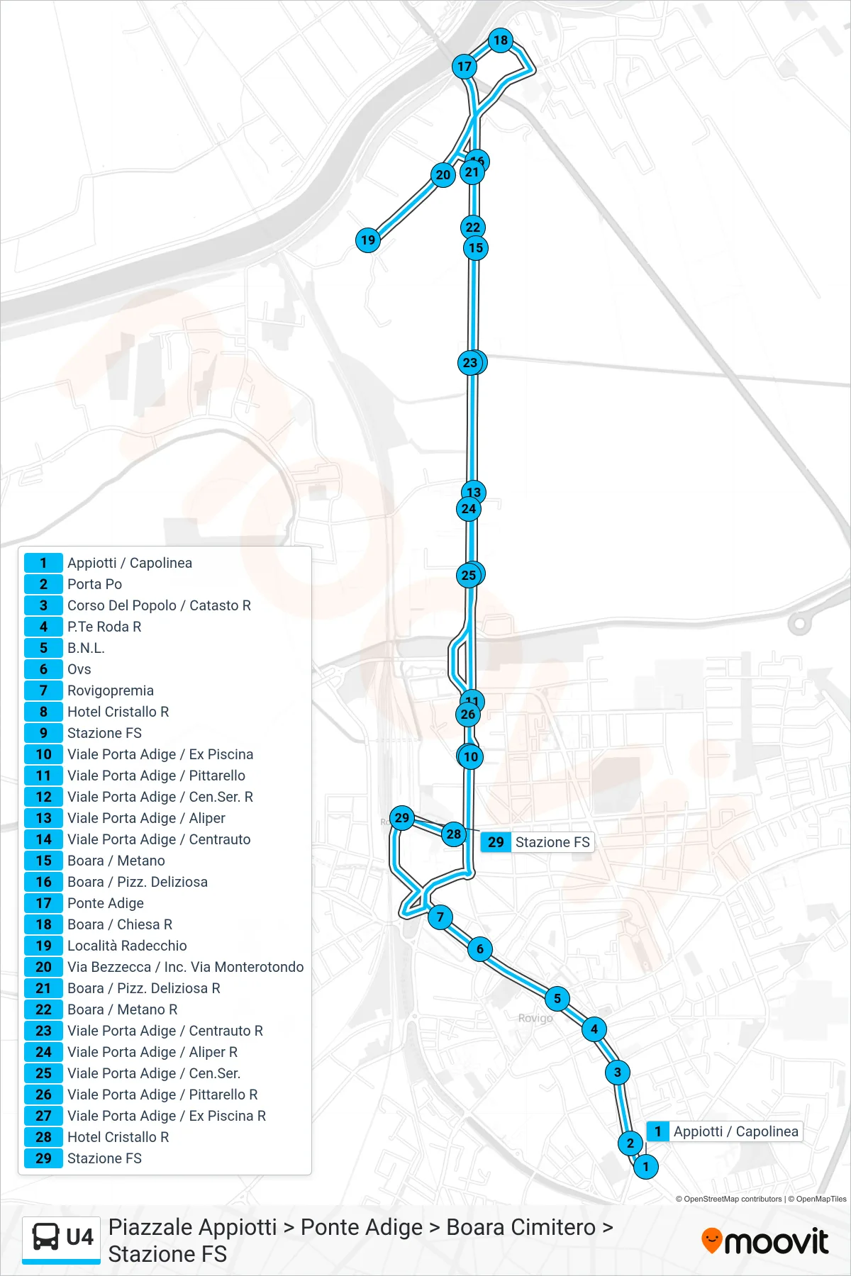 Linea U4  bus (Piazzale Appiotti > Ponte Adige > Boara Cimitero > Stazione FS) - Percorsi e fermate sulla mappa
