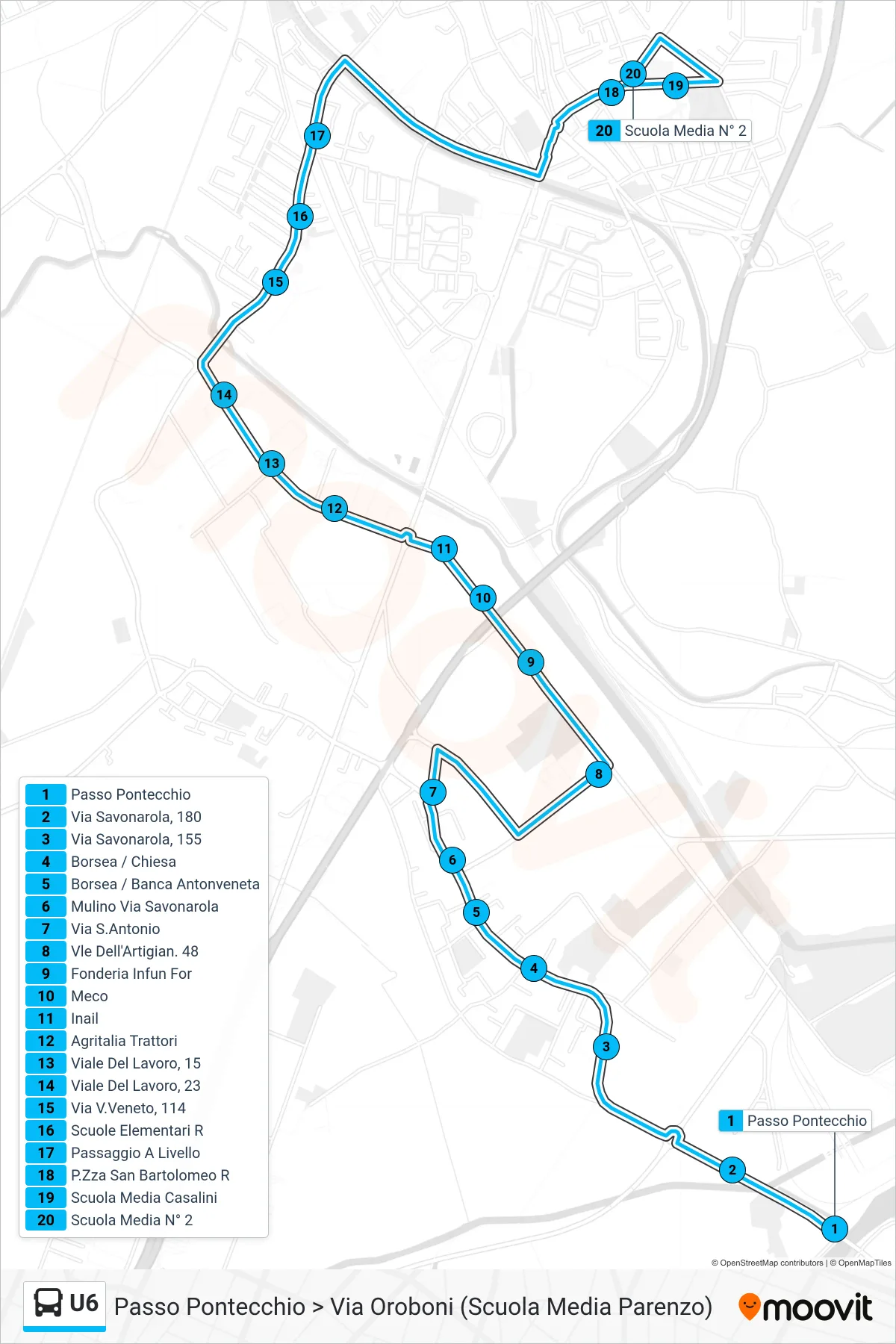 Linea U6 bus (Passo Pontecchio > Via Oroboni (Scuola Media Parenzo)) - Percorsi e fermate sulla mappa
