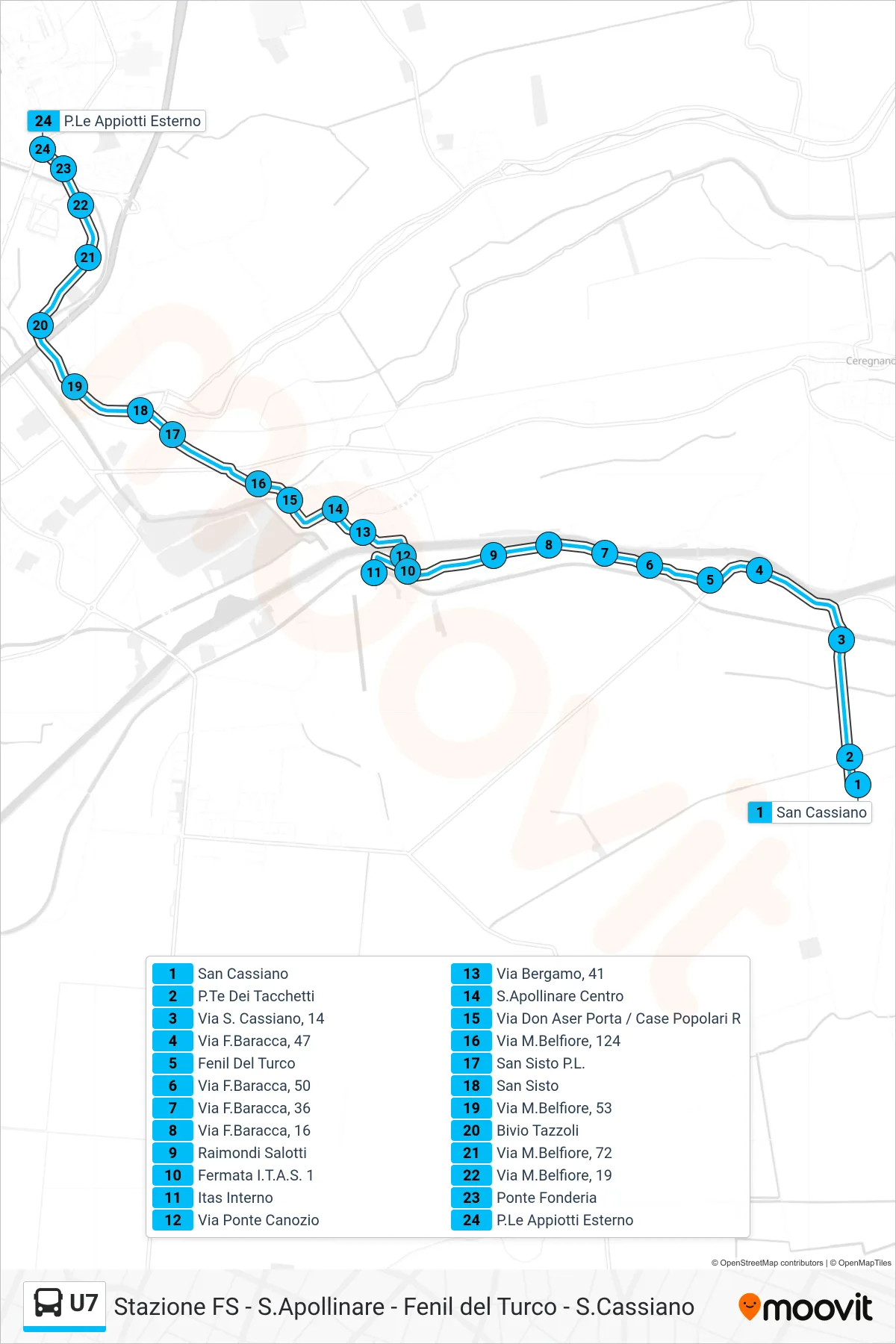 Linea U7  bus (S. Cassiano > Itas Interno > Piazzale Appiotti) - Percorsi e fermate sulla mappa