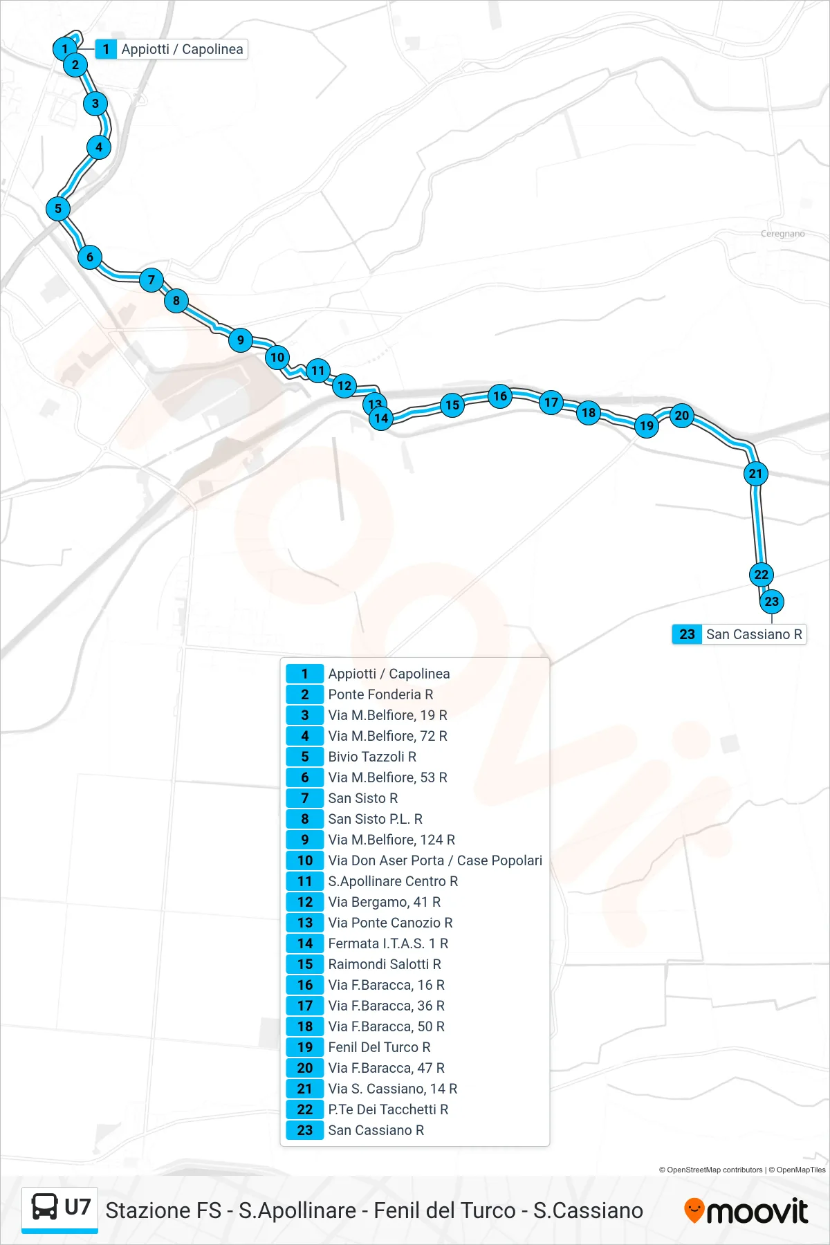 Linea U7 bus (Piazzale Appiotti > S. Cassiano) - Percorsi e fermate sulla mappa